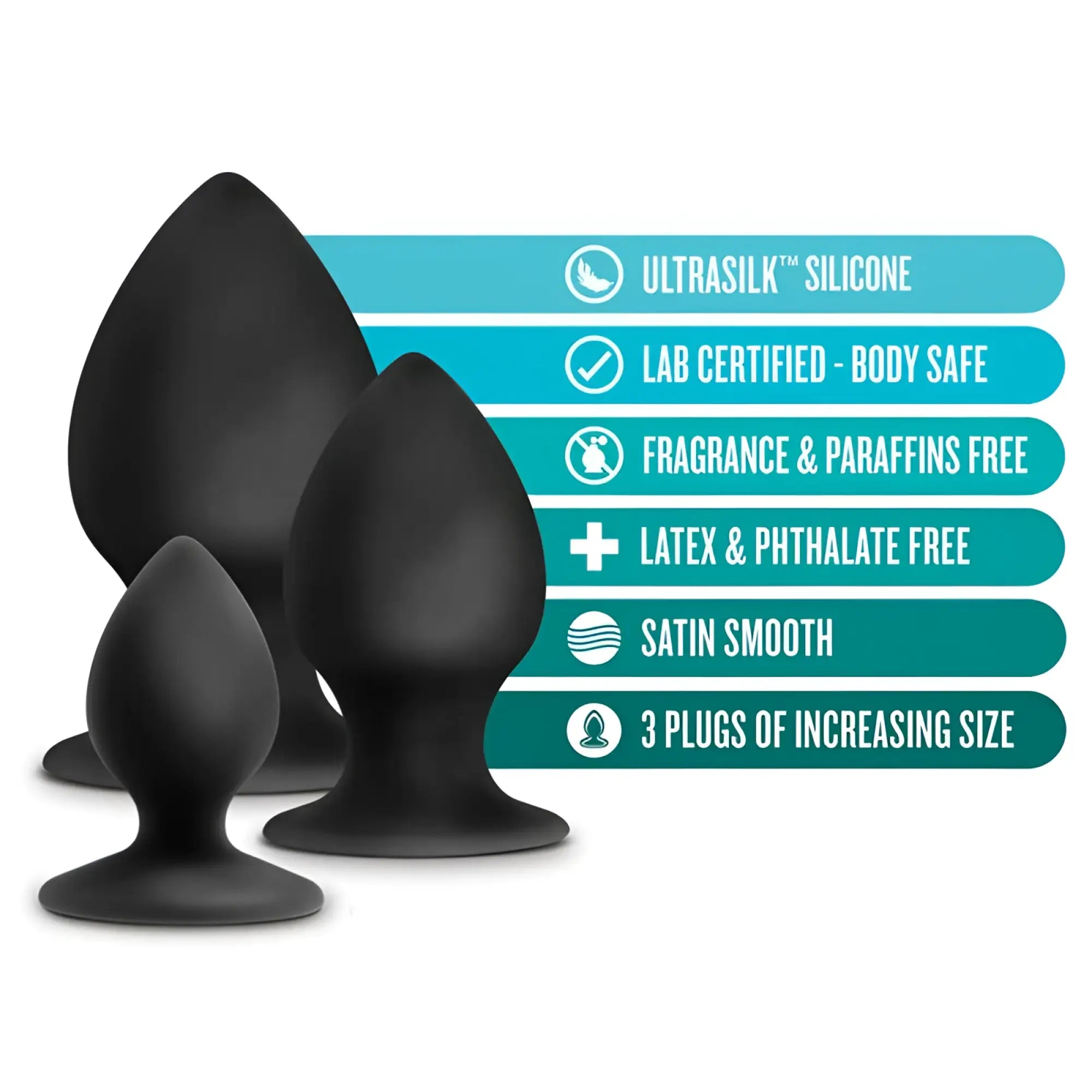 Set of three black ultrasilk silicone anal plugs in increasing sizes from anal adventures platinum stout plug kit