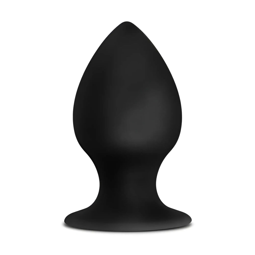 Black matte-finished silicone anal plug with teardrop shape and flared base from anal adventures platinum stout large