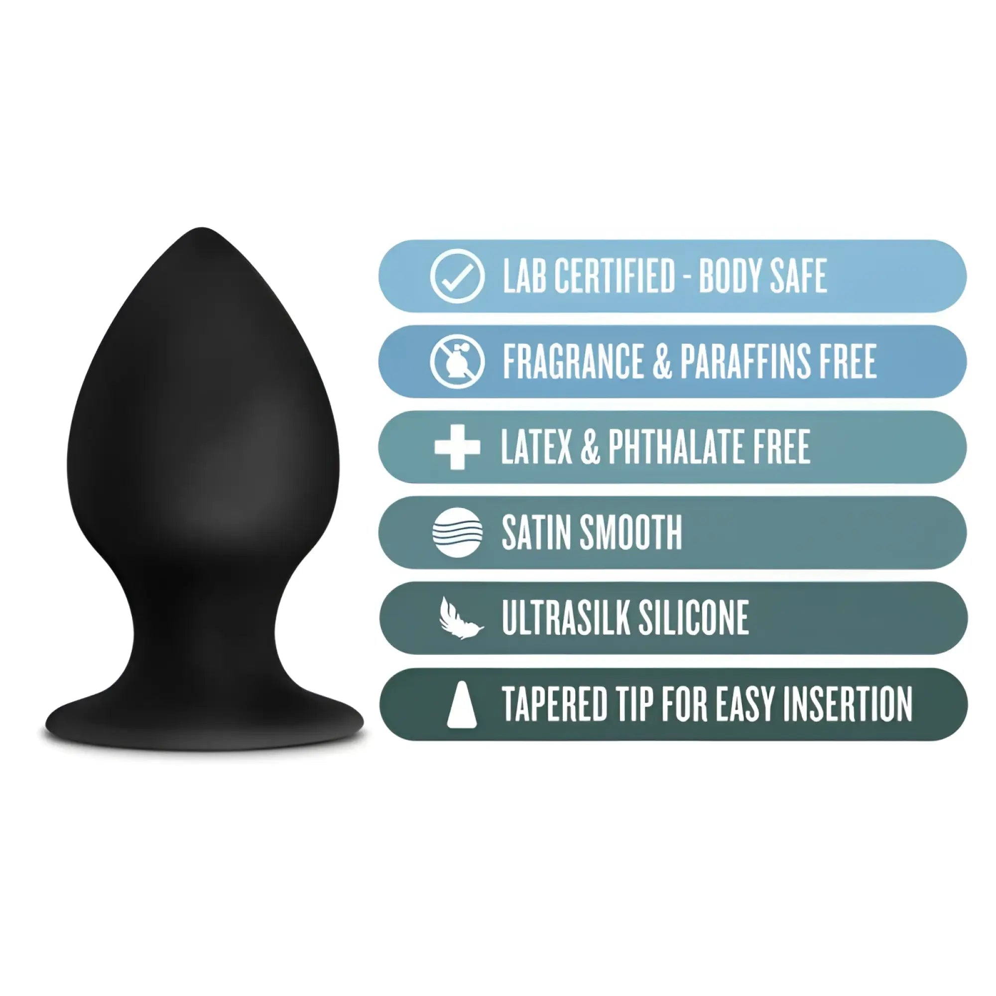 Black satin-smooth anal plug made of ultrasilk silicone with tapered tip from Anal Adventures Platinum series