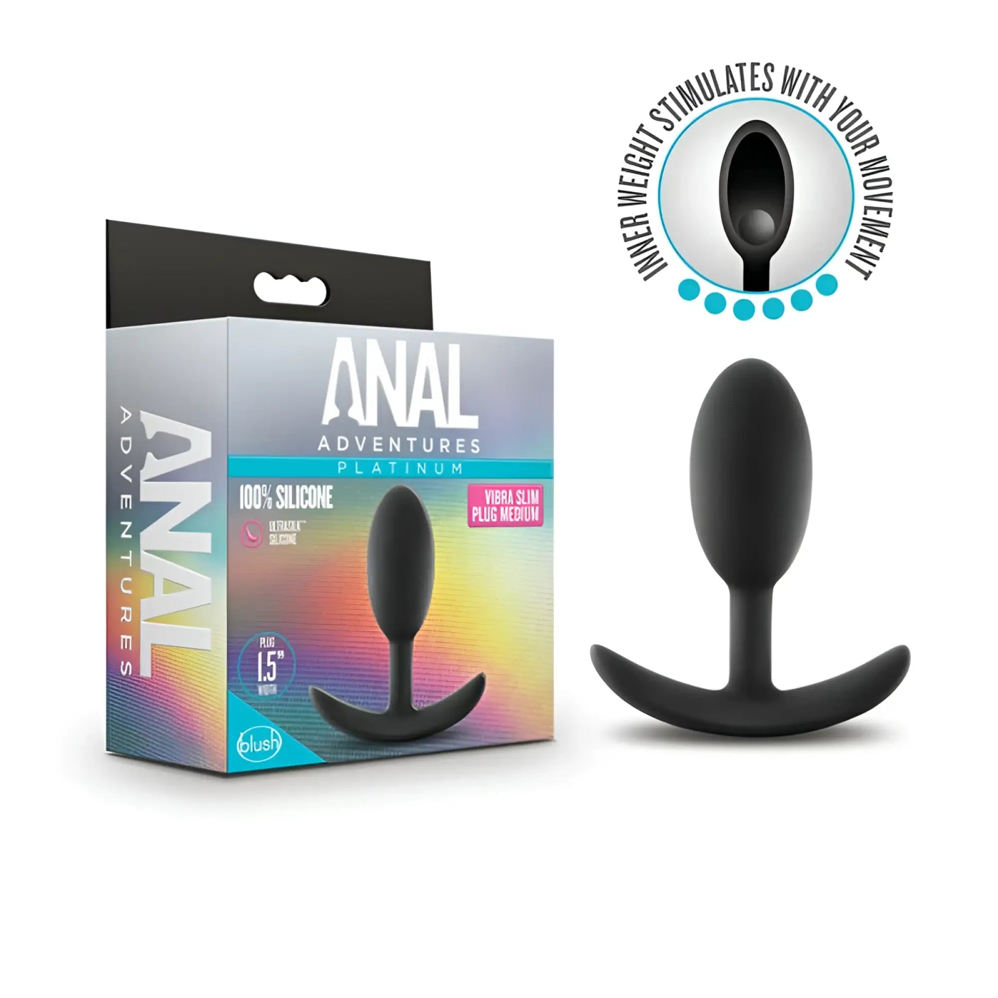 Black silicone anal plug with curved base and inner weight for stimulation in anal adventures platinum vibra slim medium