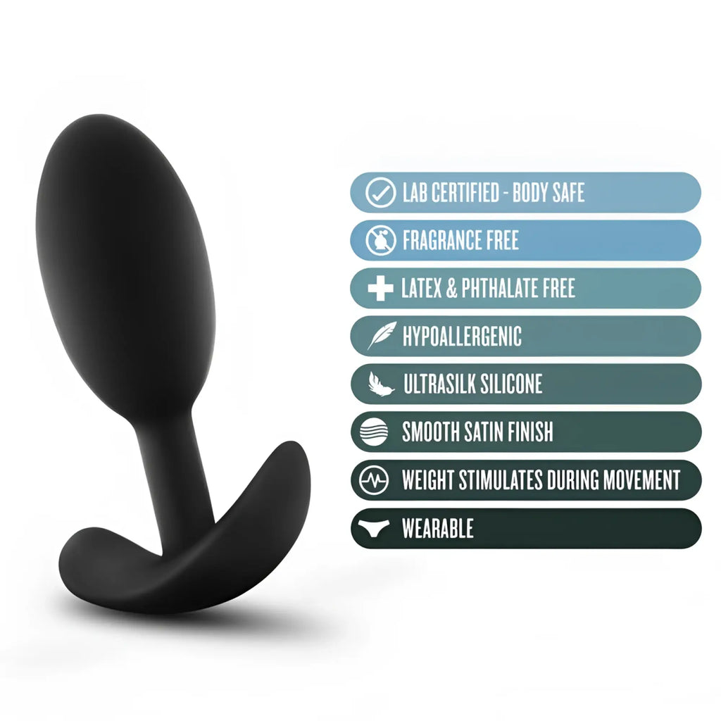 Black smooth satin-finish ultrasilk silicone anal plug with curved base for wearability from anal adventures platinum vibra slim plug medium