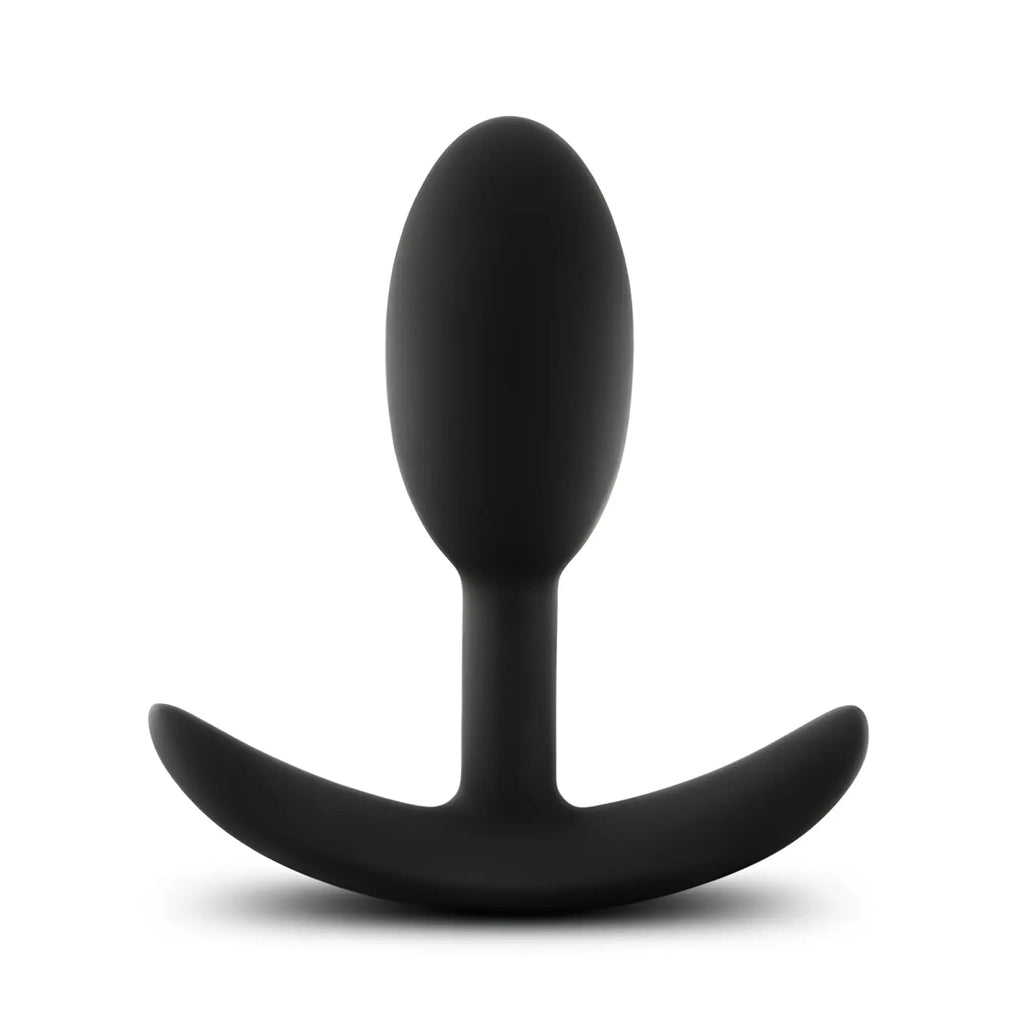 Black silicone anal plug with curved ergonomic base for secure placement from anal adventures platinum slim plug small
