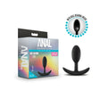Black silicone anal plug with curved base and ball bearing inside from anal adventures platinum vibra slim plug small