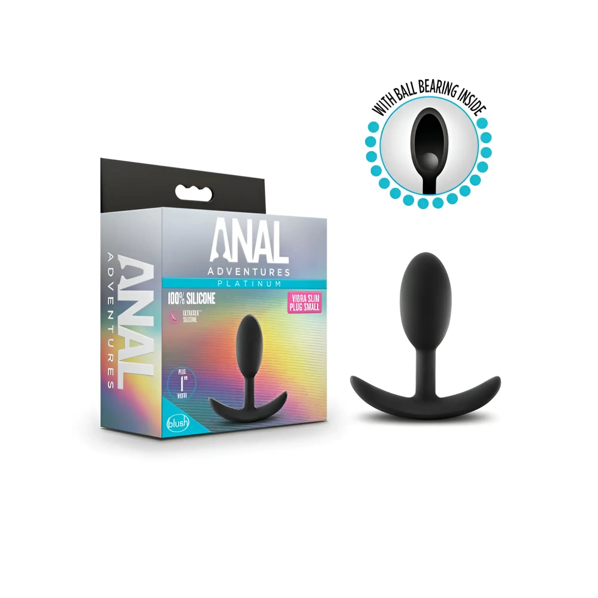 Black silicone anal plug with curved base and ball bearing inside from anal adventures platinum vibra slim plug small