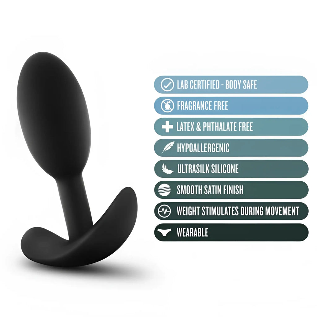 Black anal plug with sleek curve made of hypoallergenic ultrasilk silicone with satin finish from anal adventures platinum collection