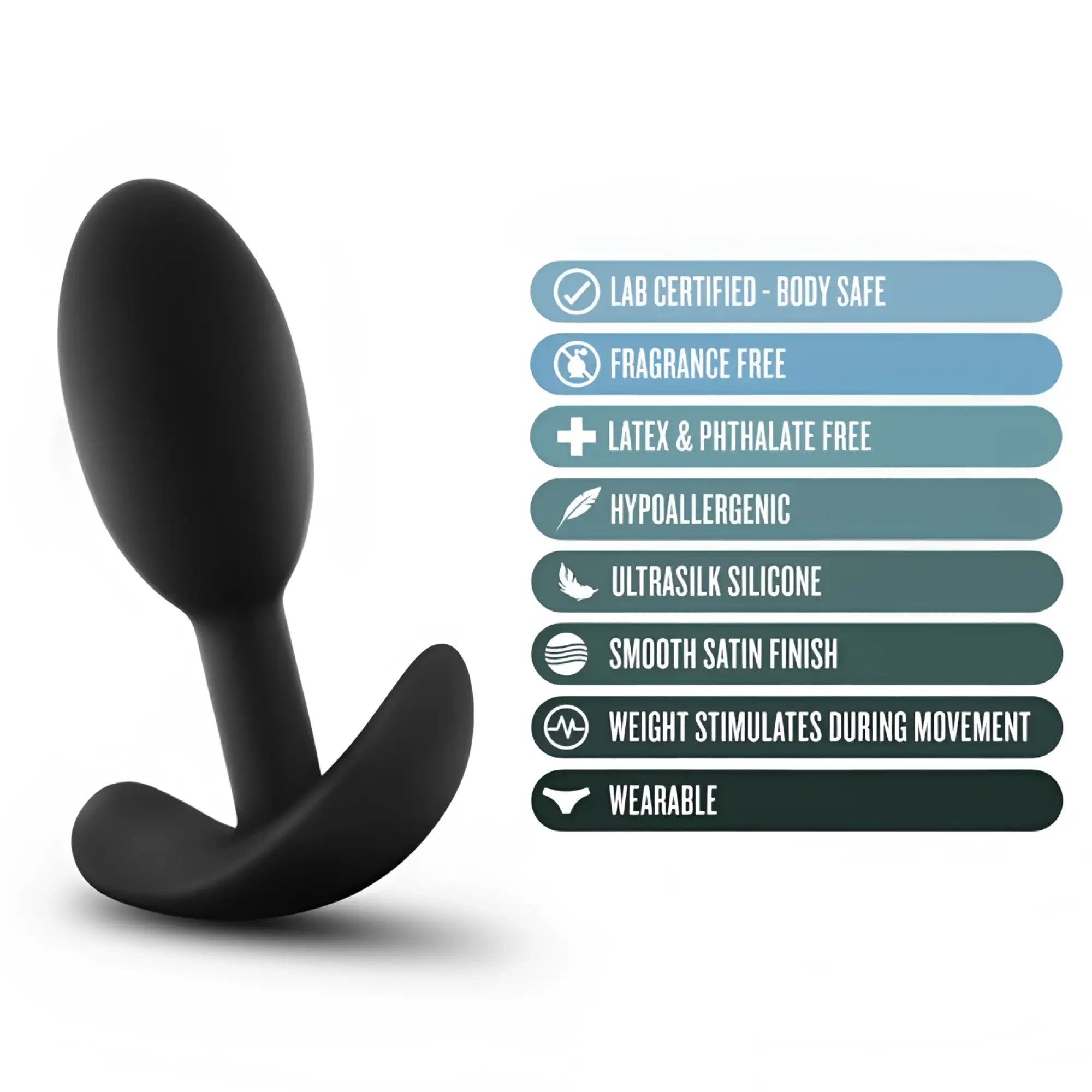Black anal plug with sleek curve made of hypoallergenic ultrasilk silicone with satin finish from anal adventures platinum collection