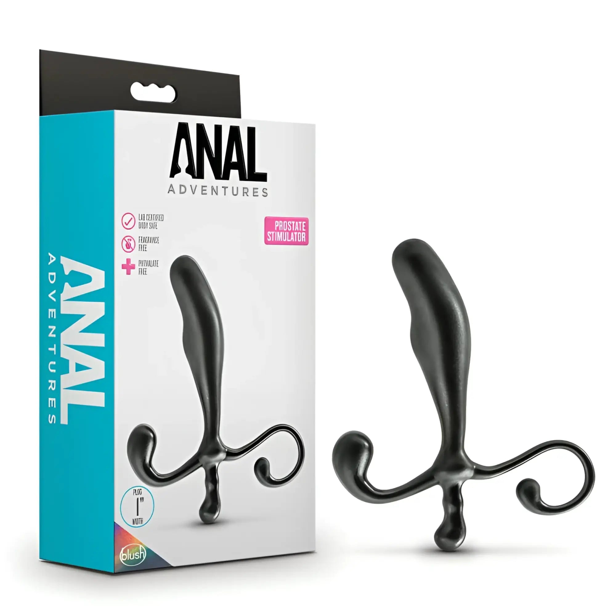 Black plastic prostate stimulator with curved handle and coiled tail by blush branded anal adventures product