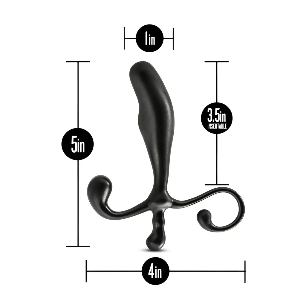 Black sleekly curved anal adventures prostate stimulator with smooth glossy finish and ergonomic design shown from back side