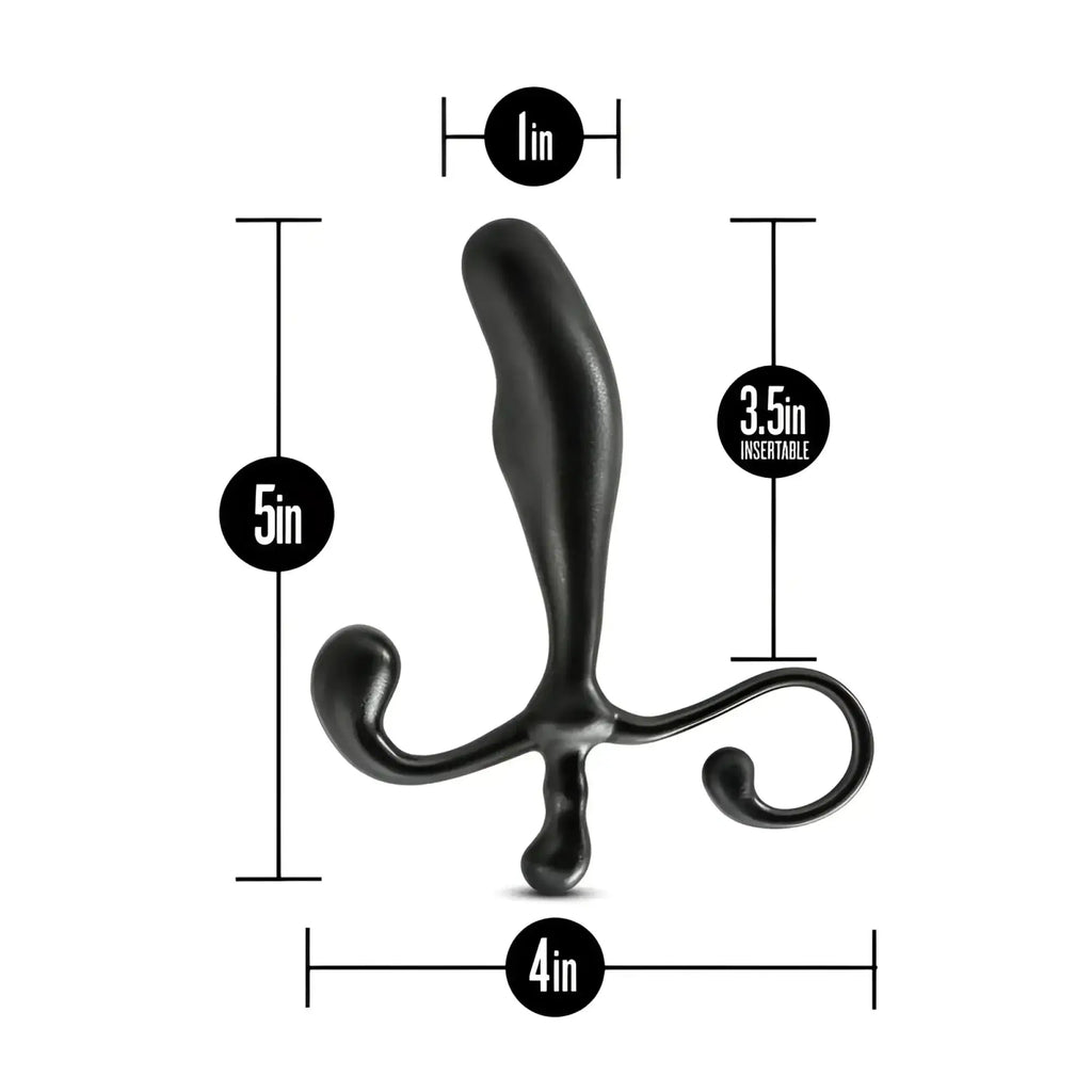 Black sleekly curved anal adventures prostate stimulator with smooth glossy finish and ergonomic design shown from back side