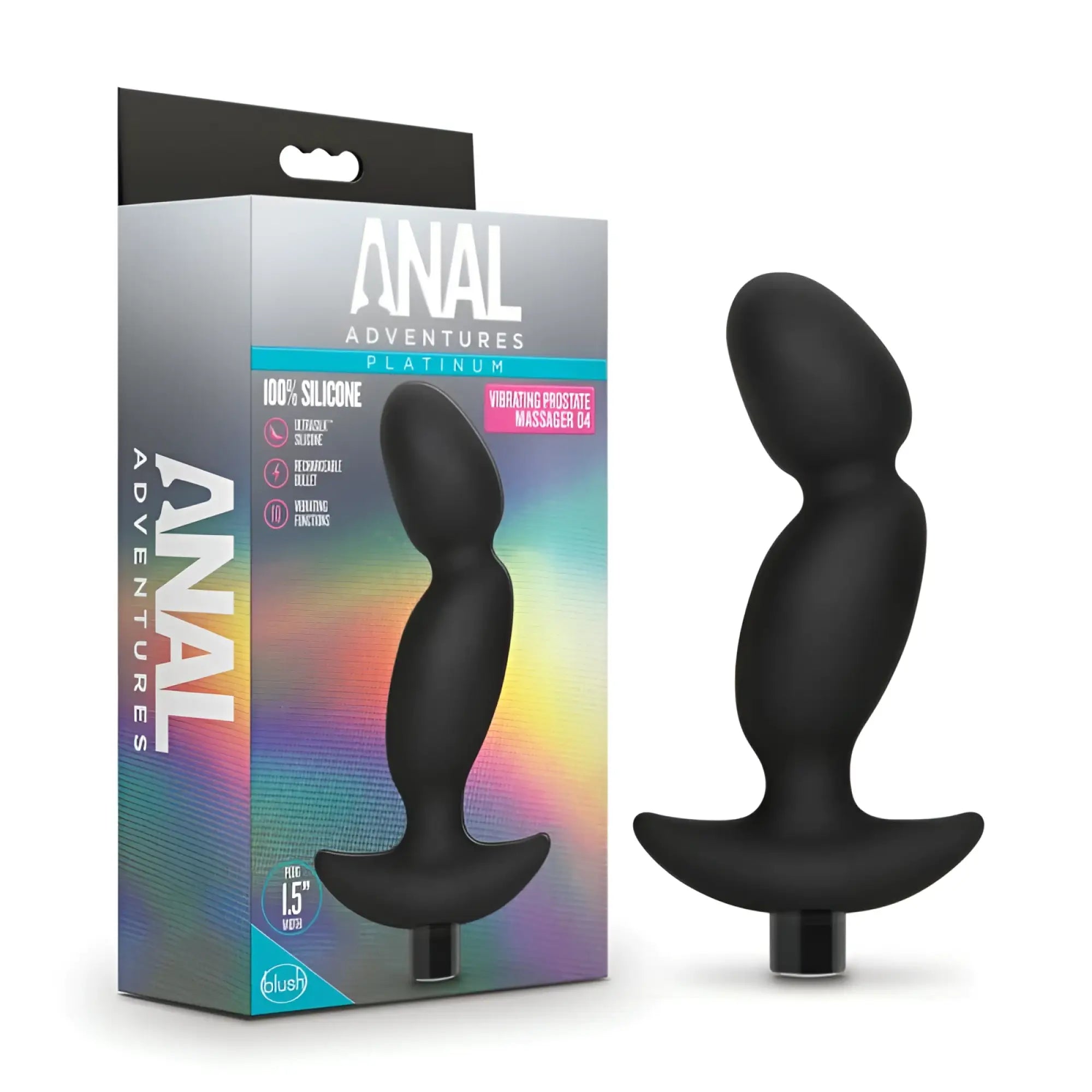 Black silicone vibrating prostate massager with curved ergonomic design and flat base for stability by Anal Adventures