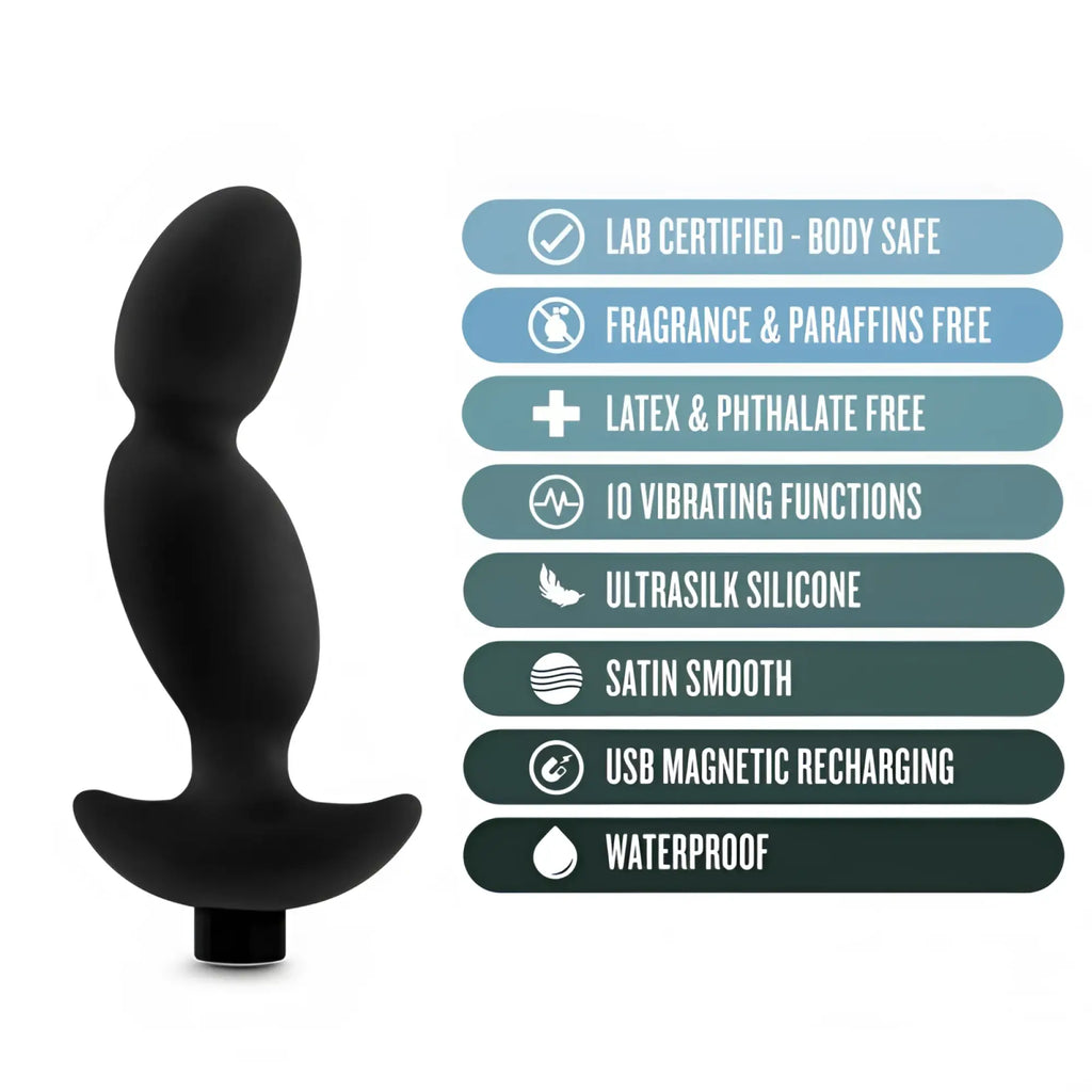 Black sleekly contoured anal adventures vibrating silicone prostate massager made of ultrasilk silicone with usb recharge