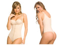 Beige ann chery 1019 powernet body shaper bodysuit with front zipper and thin shoulder straps in thong style