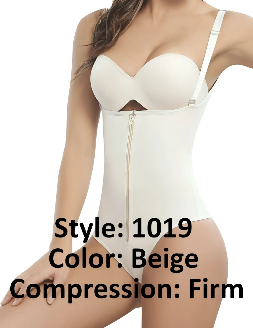 Beige firm compression bodysuit with front zipper and thin shoulder straps from ann chery powernet body shaper collection