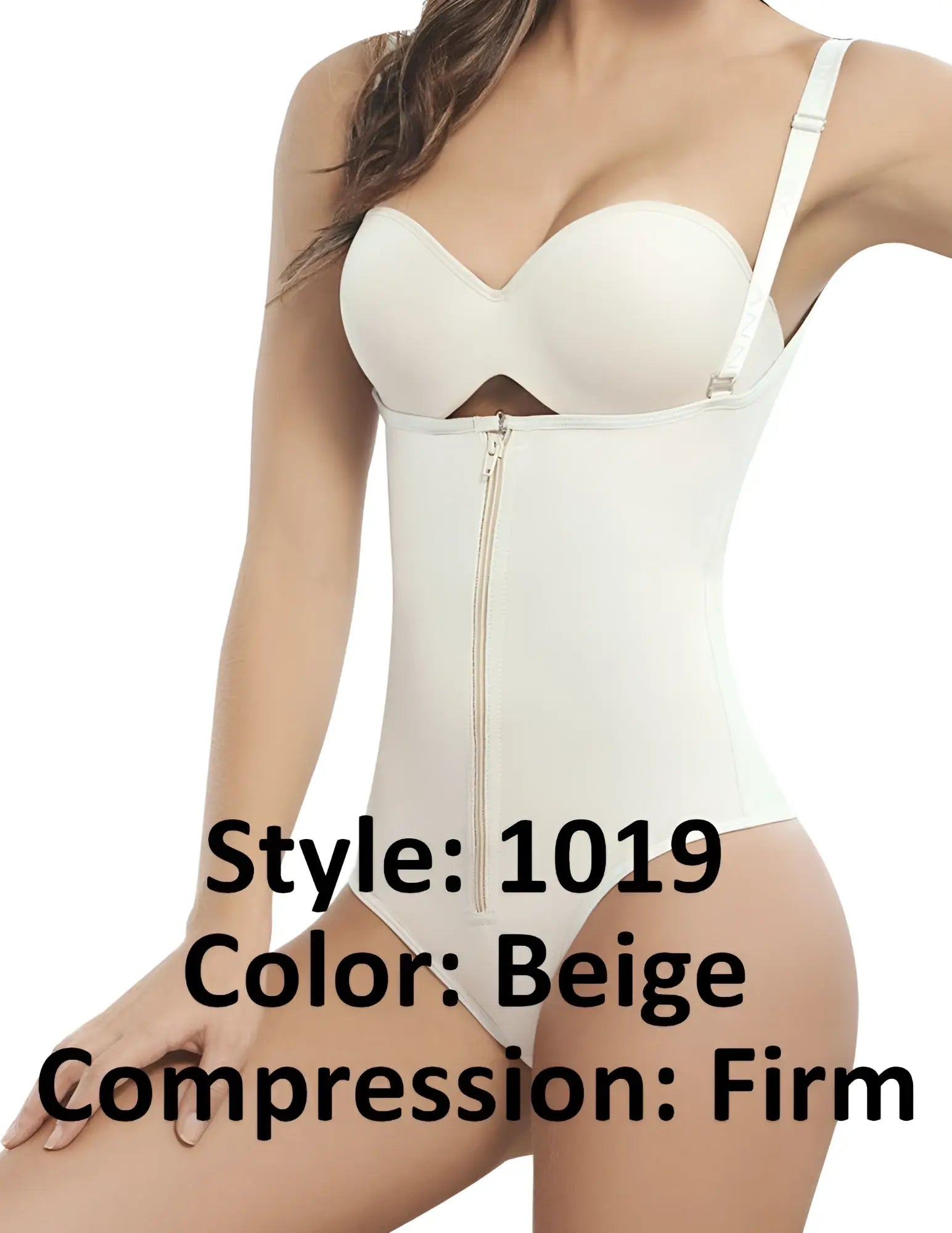 Beige firm compression bodysuit with front zipper and thin shoulder straps from ann chery powernet body shaper collection