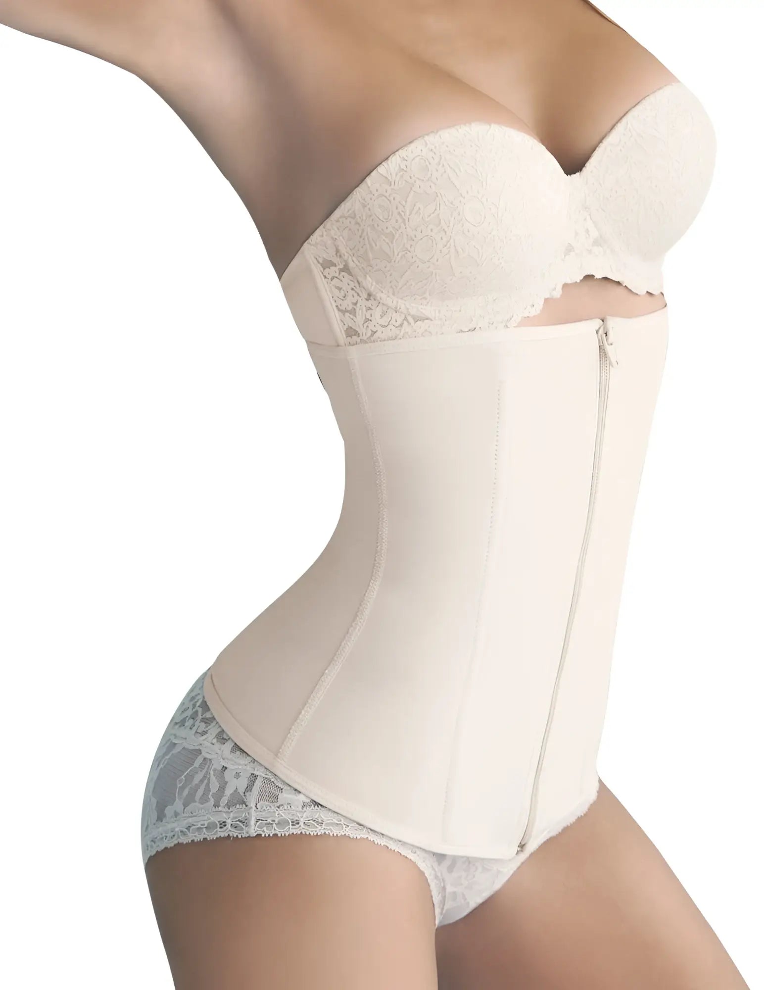 Beige Ann Chery 1024B powernet girdle with lace-trimmed corset, central zipper, and structured panels