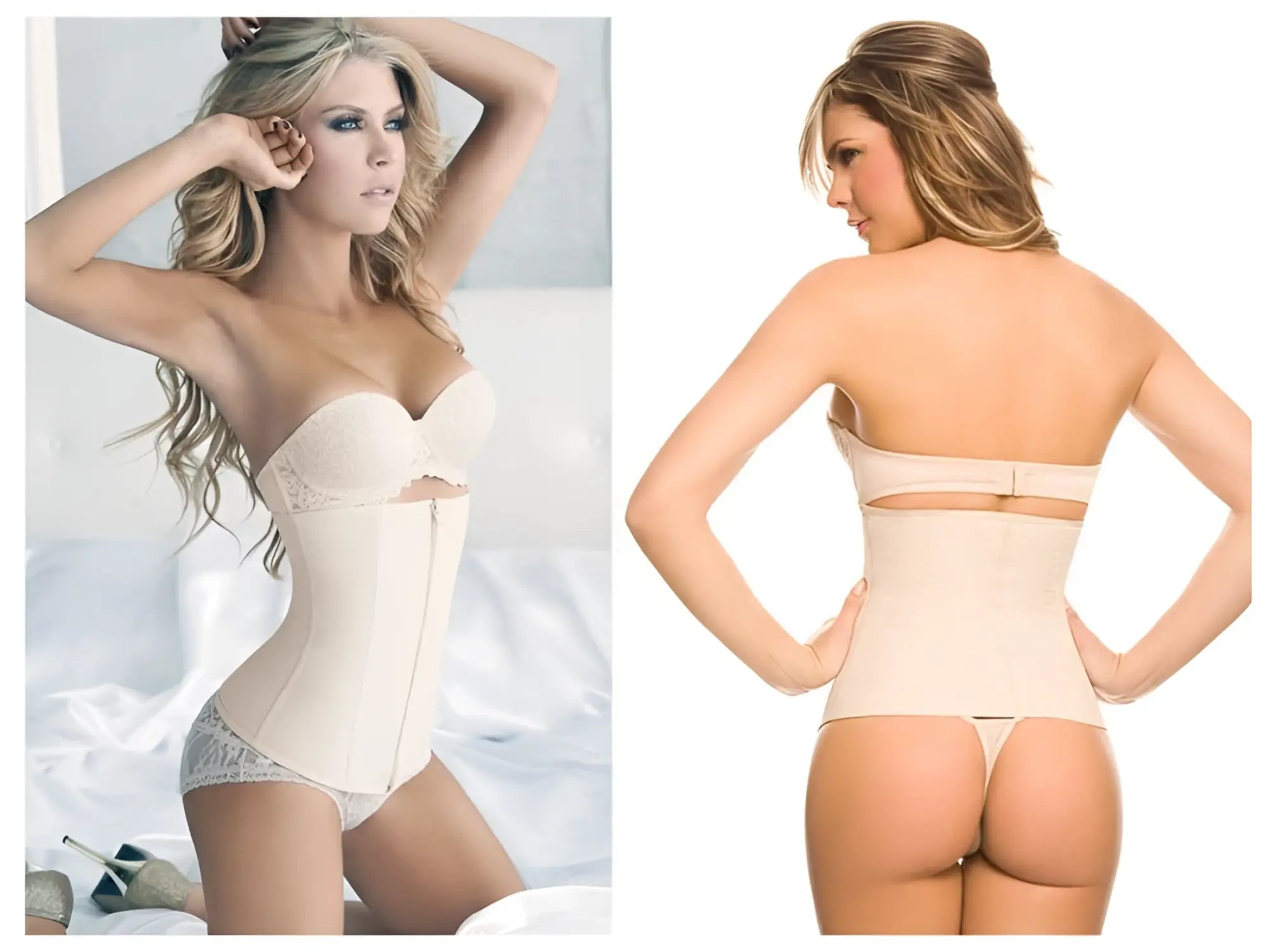 Beige Ann Chery 1024B powernet strapless waist cincher with lace trim and front zipper for shaping and support