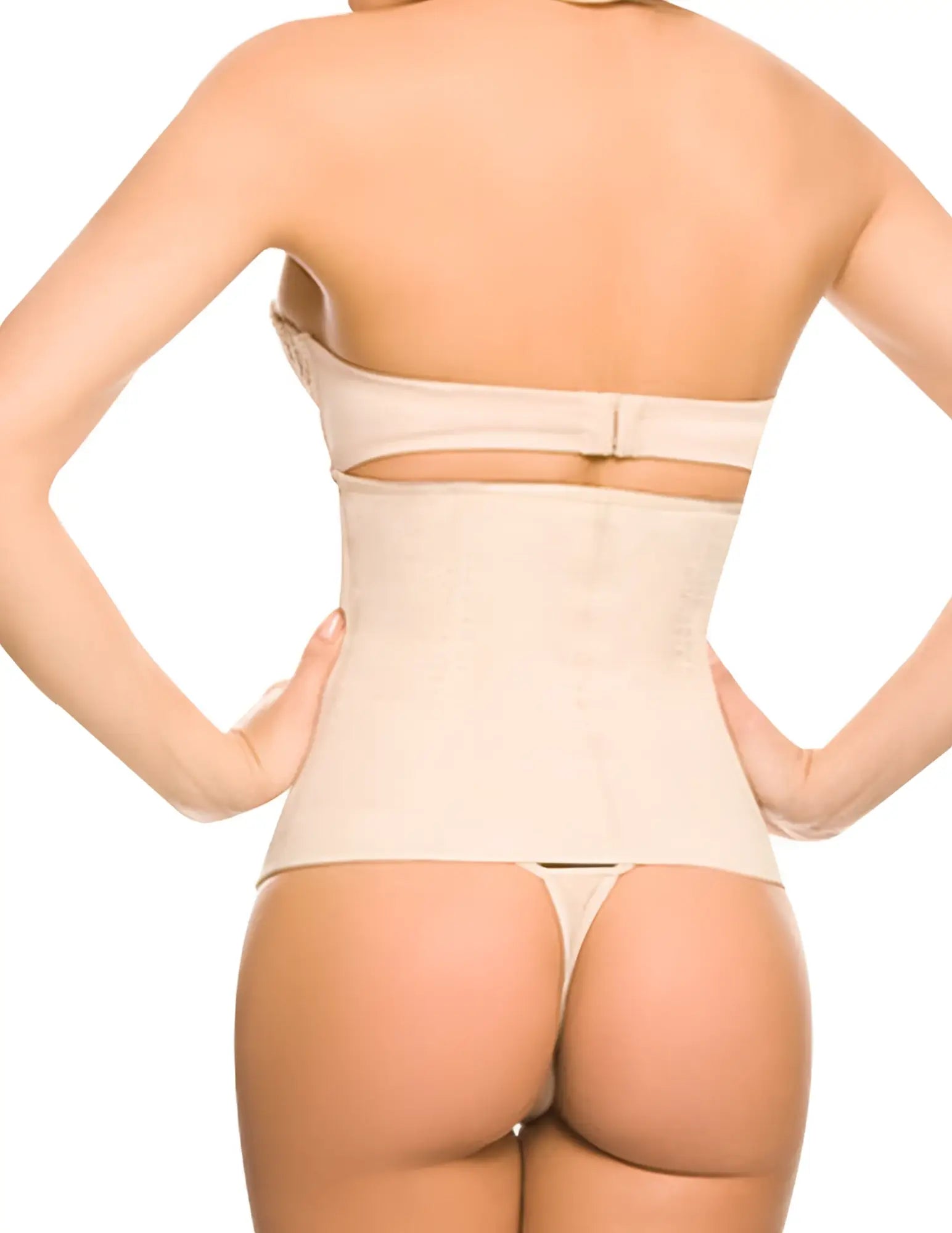 Beige ann chery 1024b powernet girdle with zipper showing back side featuring strap and thong style bottom