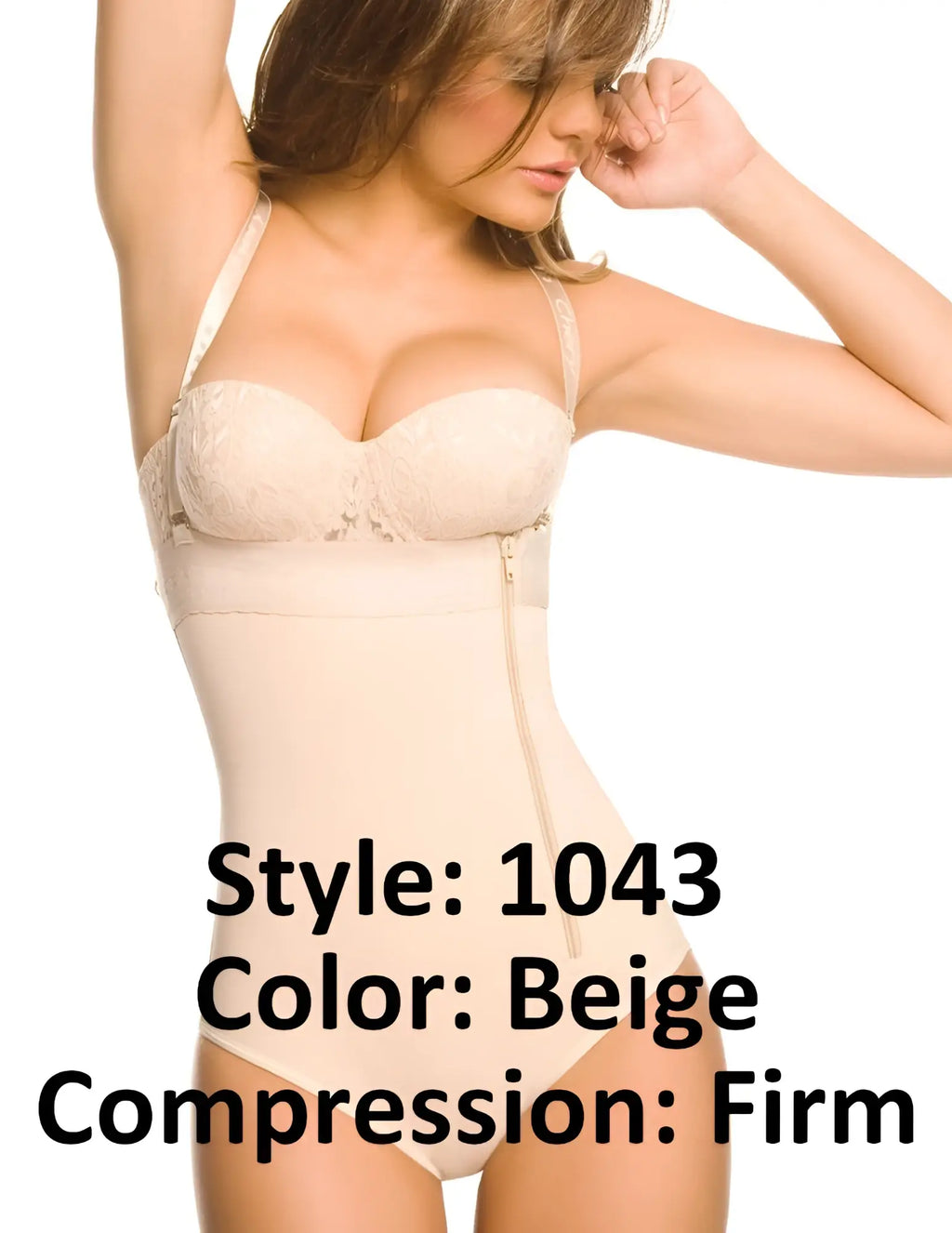 Beige ann chery 1043 powernet body fiorell firm compression body shaper with lace trim and front zipper