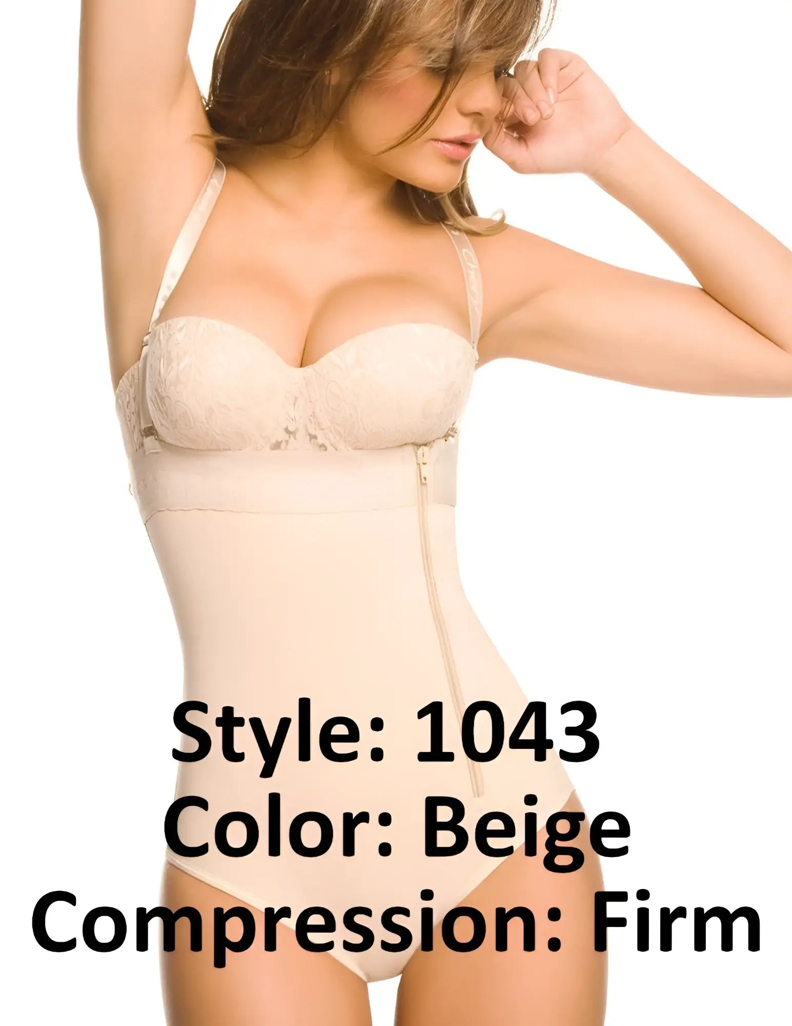 Beige ann chery 1043 powernet body fiorell firm compression body shaper with lace trim and front zipper