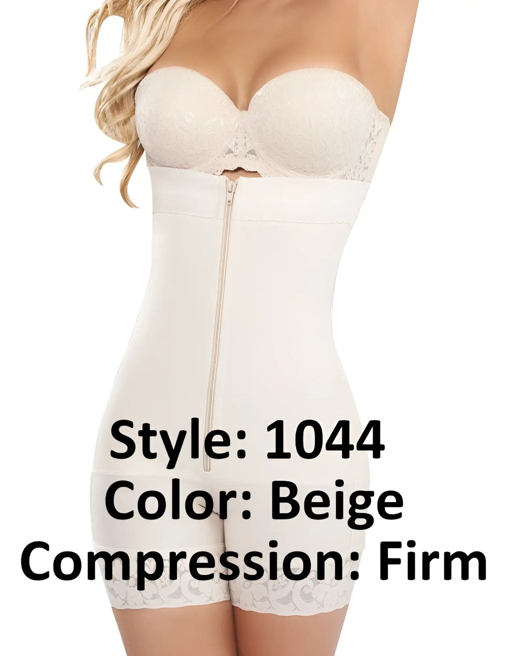 Beige ann chery 1044 powernet titi strapless firm compression body shaper with lace trim and central zipper