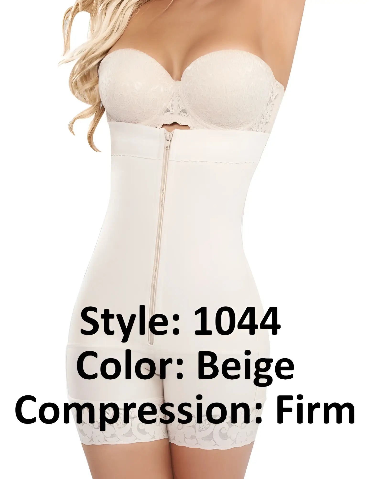 Beige ann chery 1044 powernet titi strapless firm compression body shaper with lace trim and central zipper