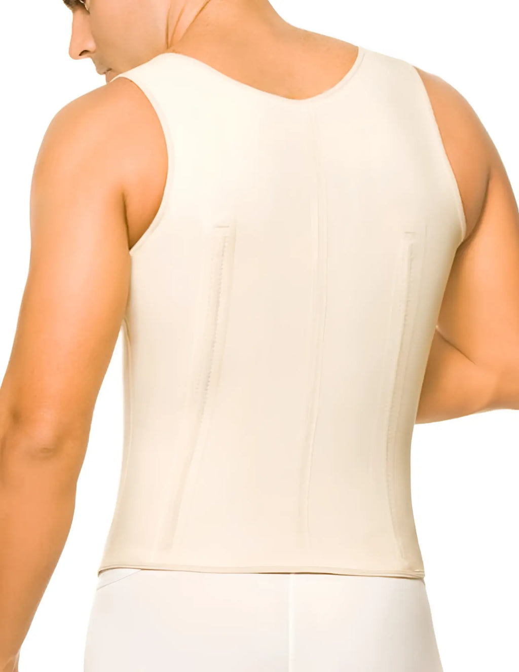 Cream-colored form-fitting sleeveless latex torso corset with vertical seams and rounded neckline by ann chery