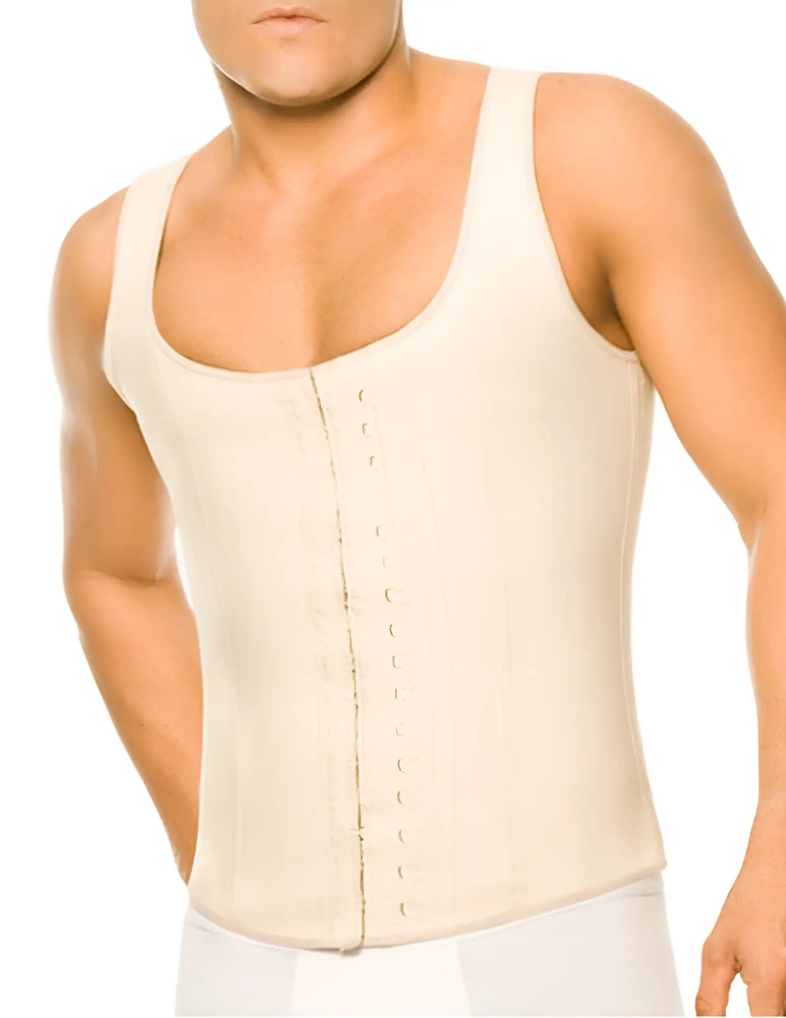 Ann Chery 2033 latex men girdle body shaper in beige with cream structured corset and central lacing system