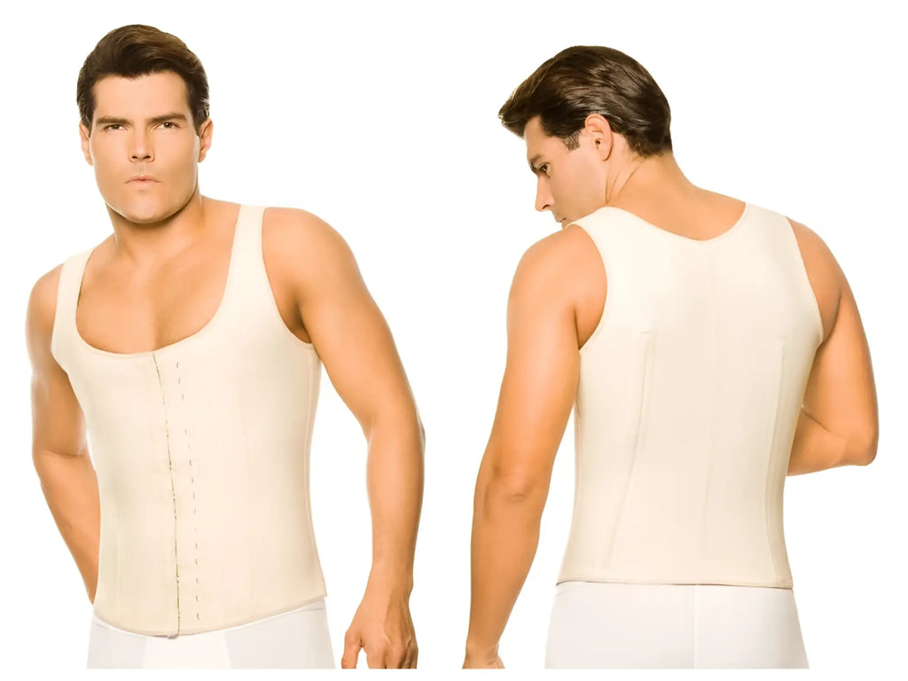 Cream-colored latex ann chery 2033 men girdle body shaper tank top with button closure and structured seams