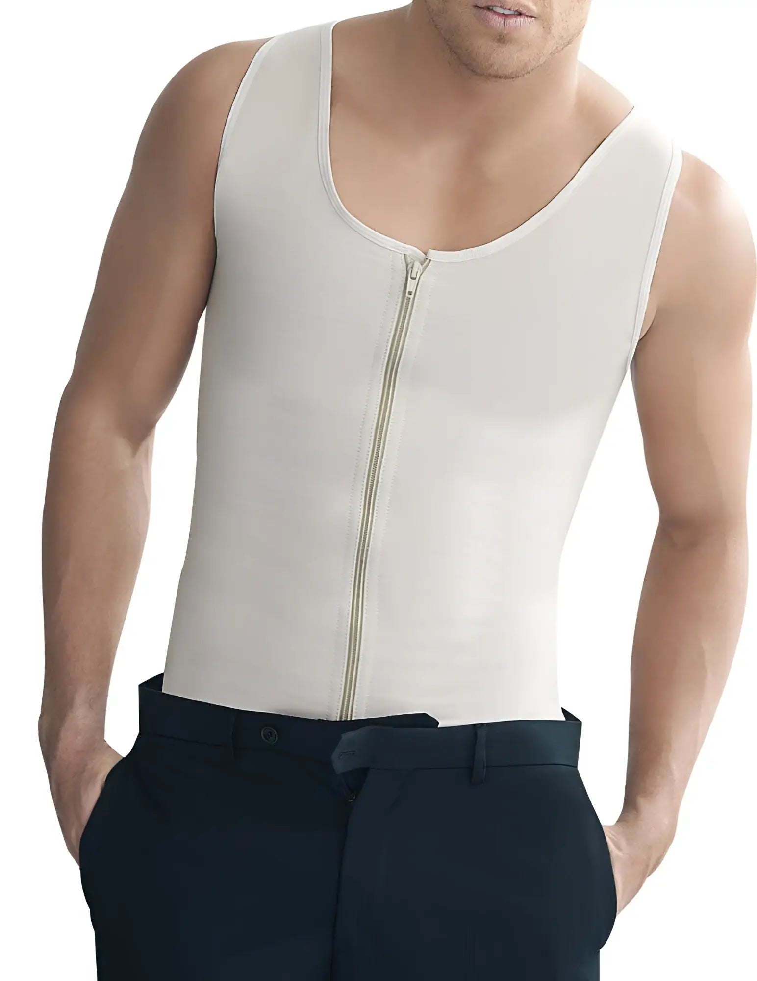 Ann Chery 2034 beige latex men girdle body shaper with a cream-colored form-fitting zippered tank top and rounded neckline