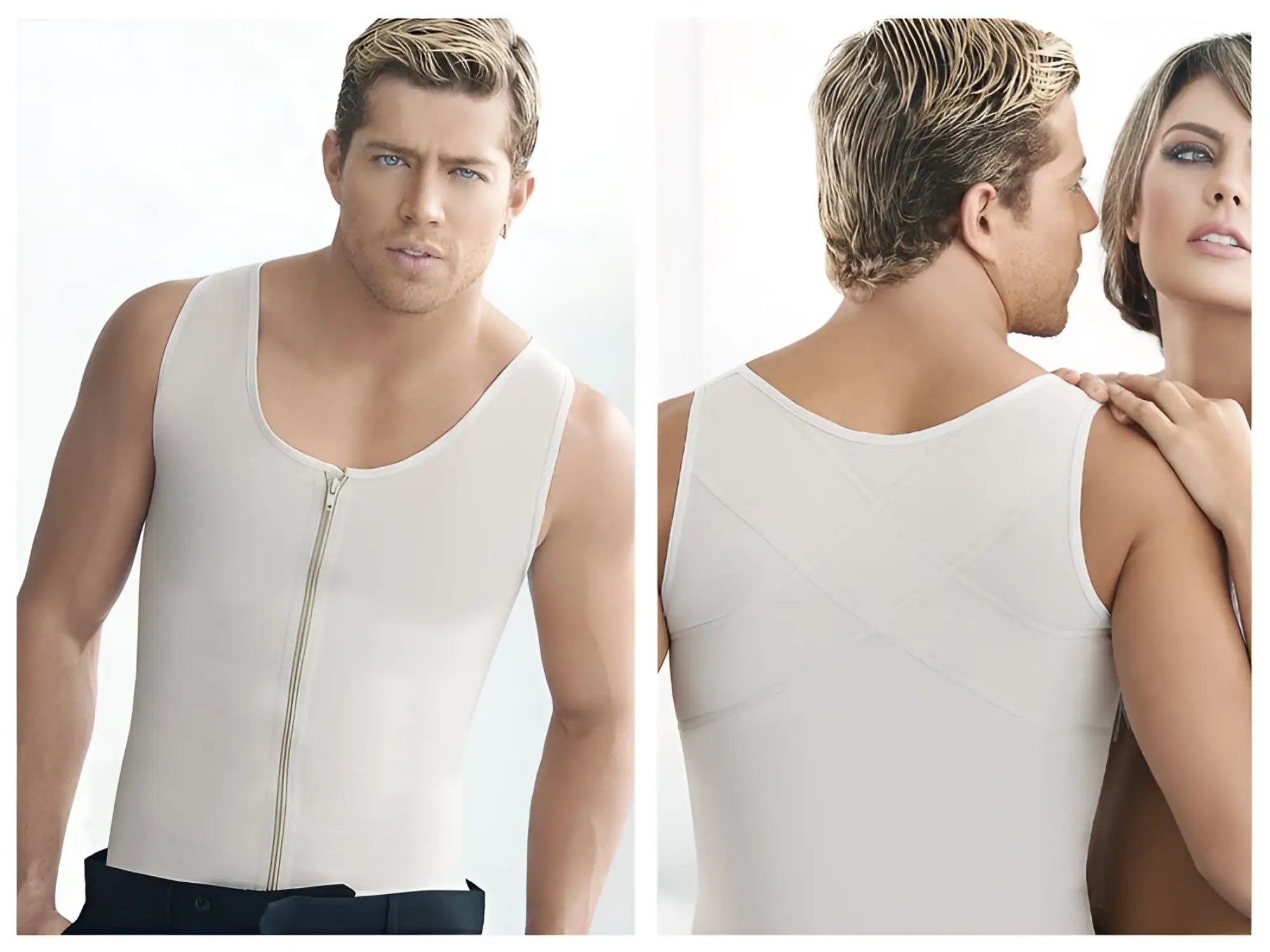 Ann chery 2034 beige latex men girdle body shaper with central zipper and subtle paneling sleeveless design