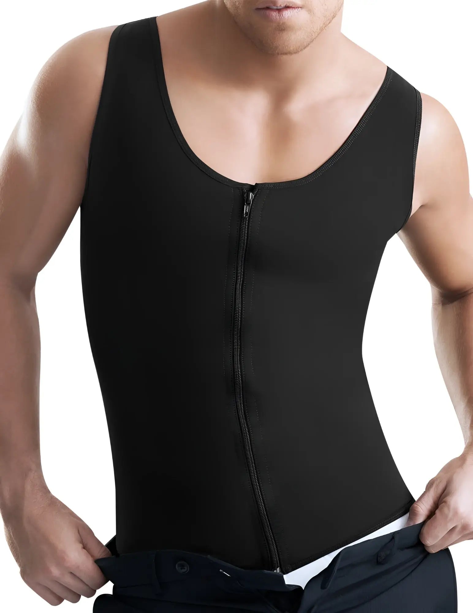 Ann chery 2034 latex men girdle body shaper black sleeveless zip front designed for slimming and shaping