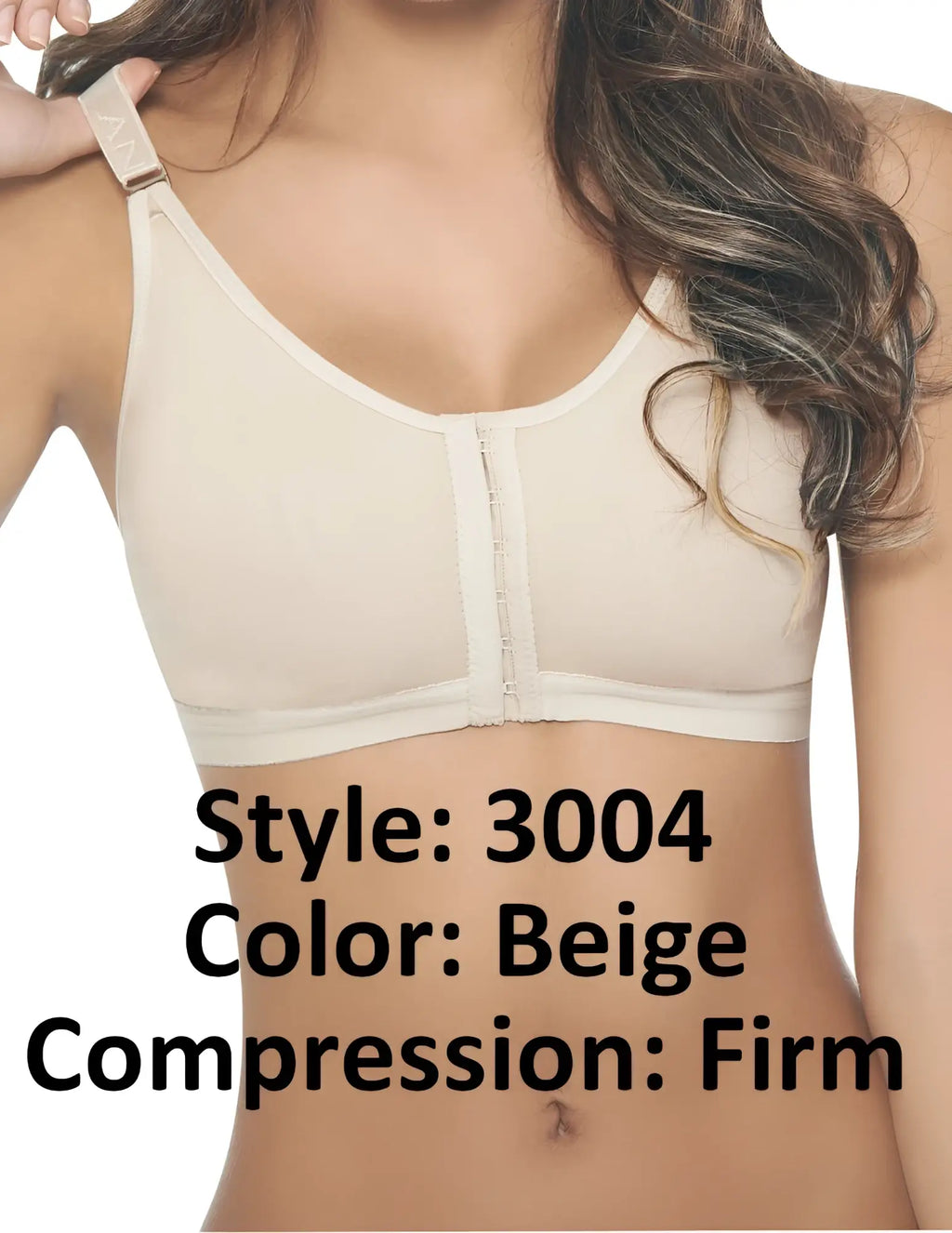 Beige ann chery 3004 powernet brassiere with firm compression, front zipper, and adjustable straps for support