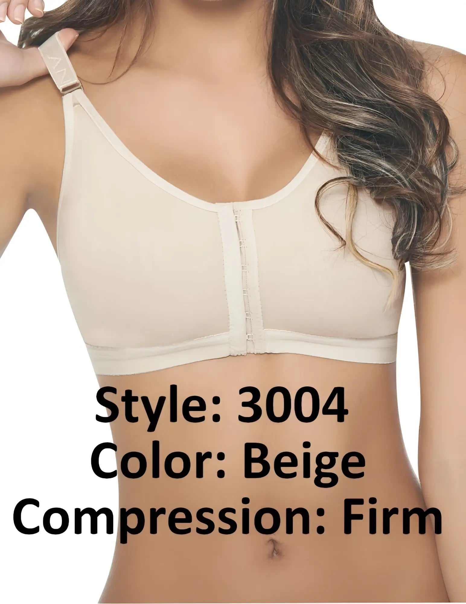 Beige ann chery 3004 powernet brassiere with firm compression, front zipper, and adjustable straps for support