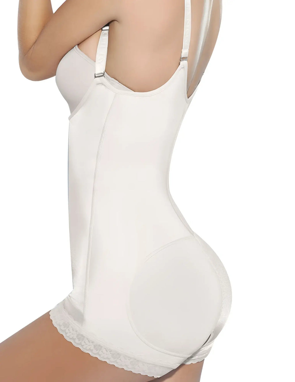 Ann chery 4010 beige latex body aide with white lace trim adjustable straps and smooth form fitting design