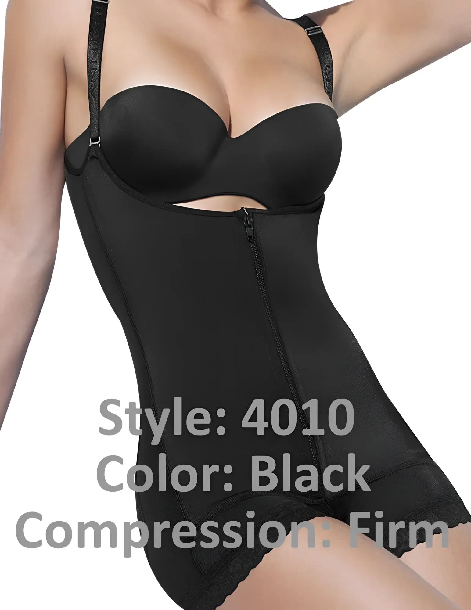 Ann Chery 4010 black latex body aide firm compression body shaper with lace trim and adjustable straps shown from back