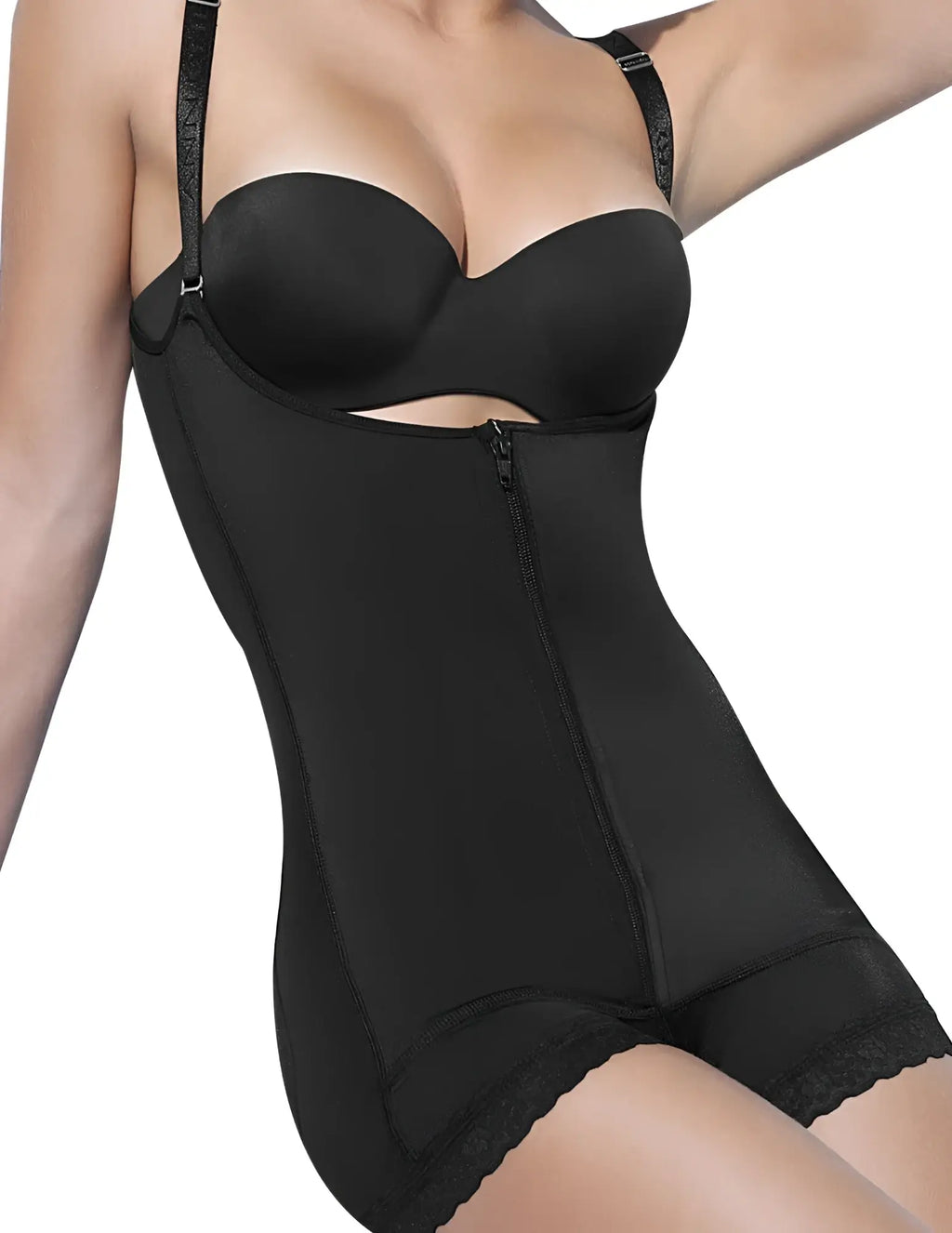 Ann chery 4010 black latex body aide with lace trim and adjustable straps for shaping and slimming