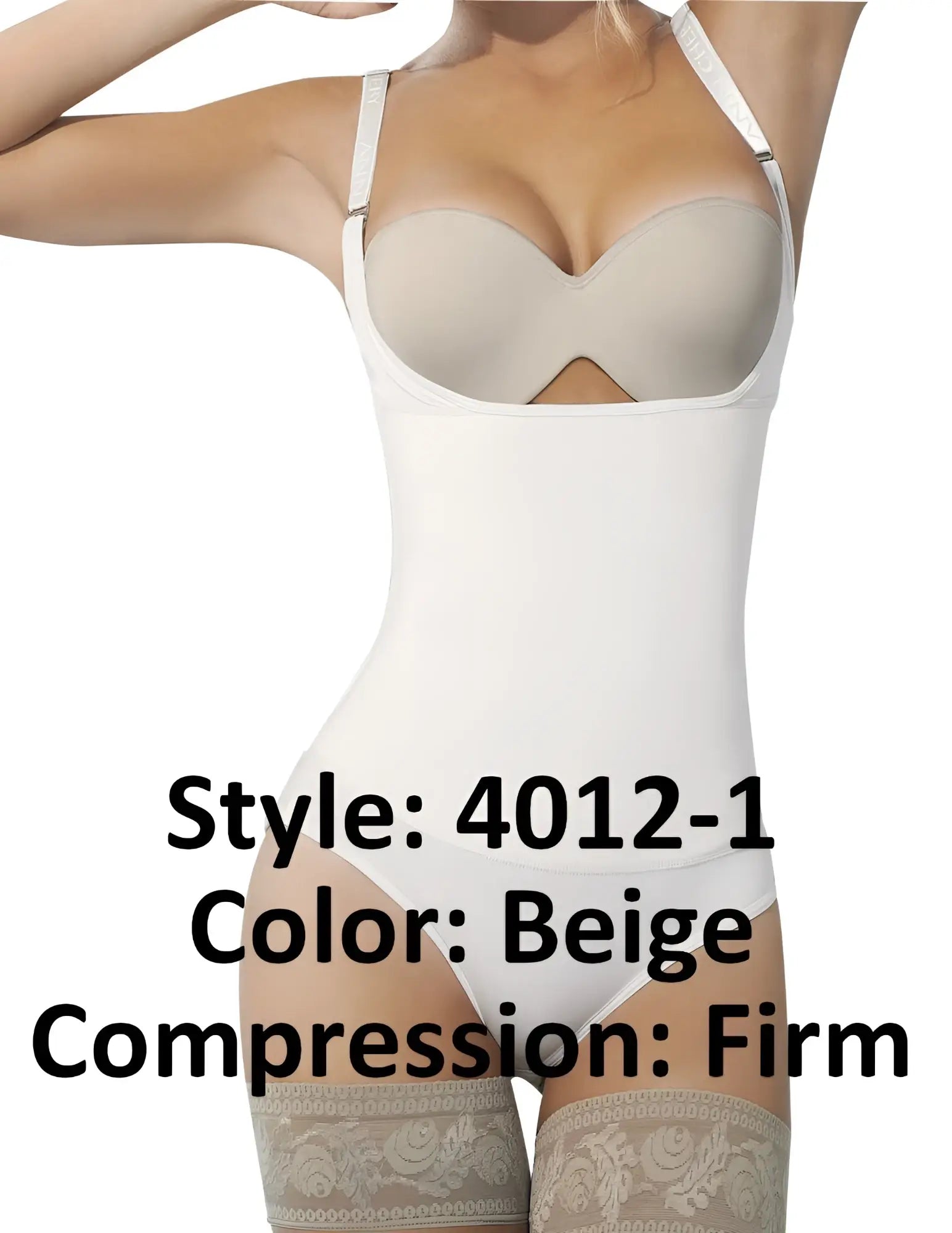 Beige ann chery 4012-1 latex body bikini with firm compression, lace trim at legs, and white adjustable straps