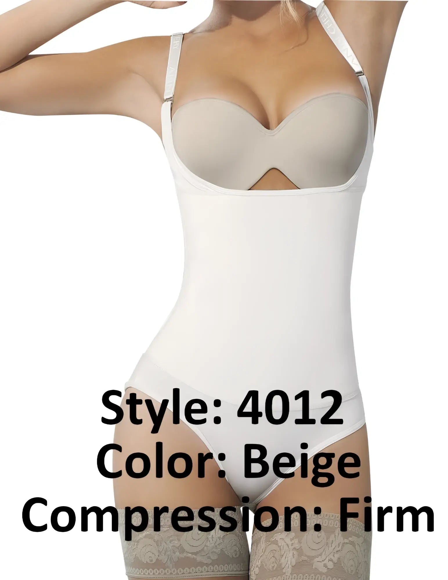 Beige ann chery 4012 latex body thong firm compression shaper with lace hem and white adjustable straps
