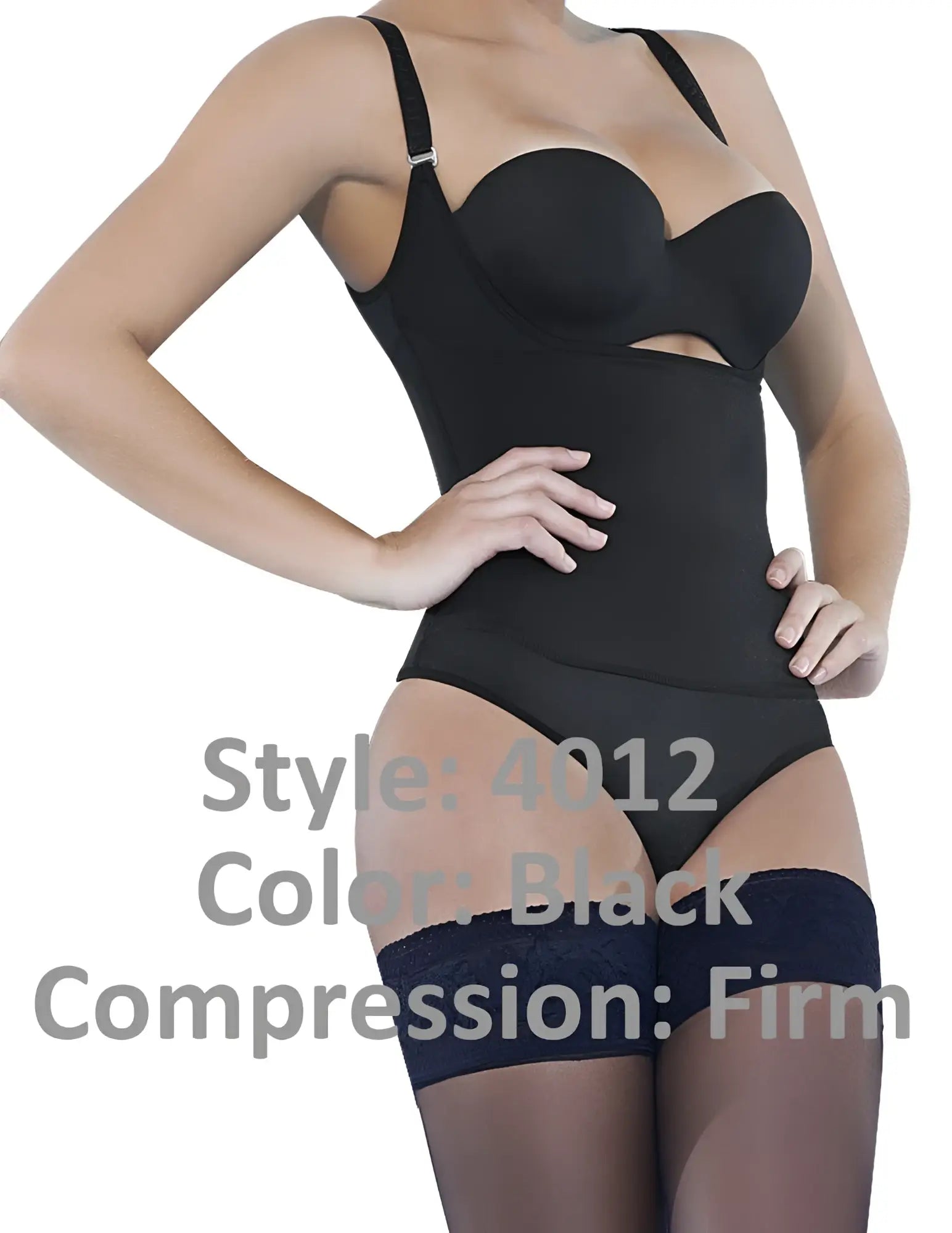 Ann chery 4012 black latex firm compression bodysuit with sweetheart neckline and adjustable straps