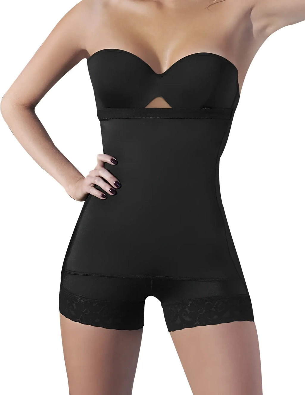 Black strapless latex body shaper by Ann Chery with lace trim at the hem for slimming and shaping