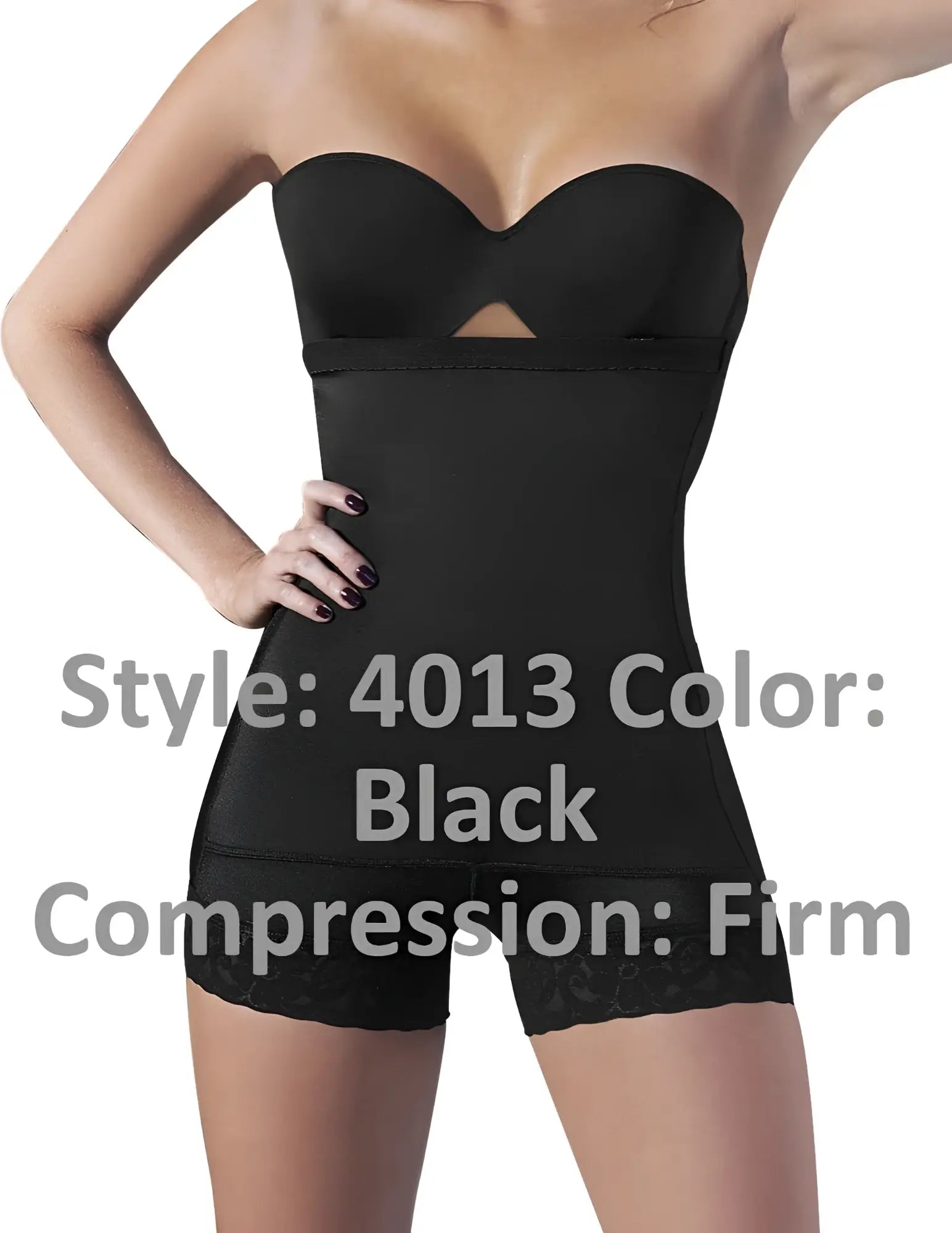 Ann Chery 4013 black latex firm compression strapless shapewear bodysuit with lace trim at the hem