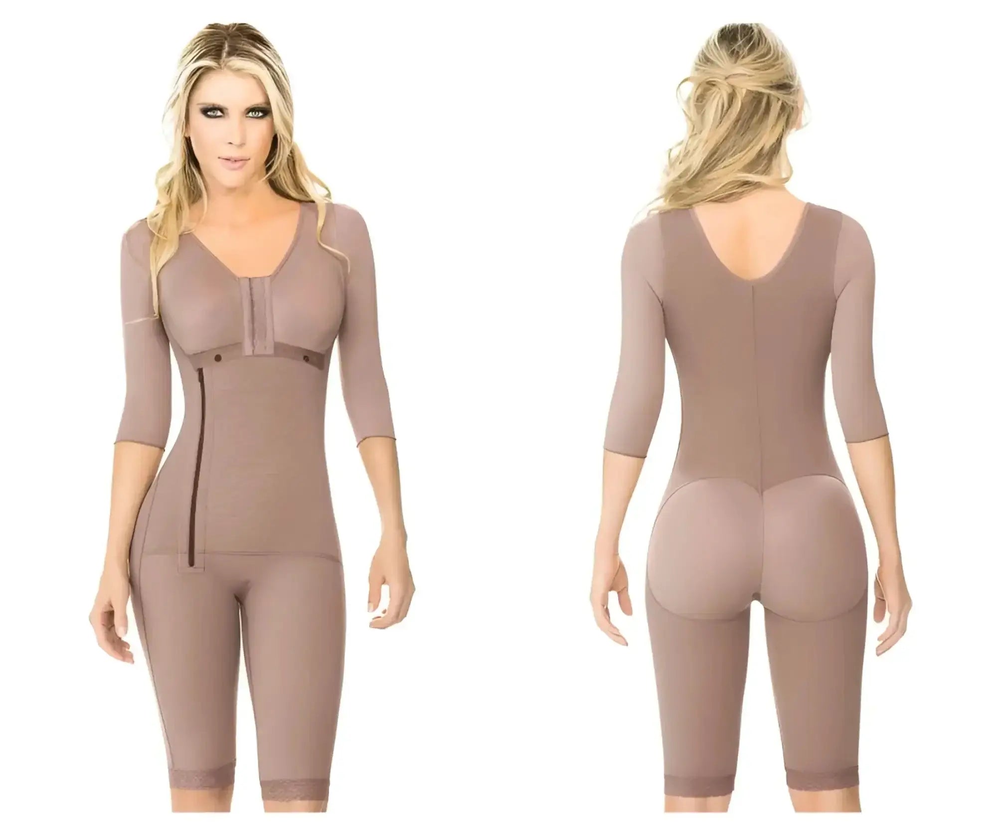 Ann chery 5008 powernet renata shapewear brown taupe body shaper with three quarter sleeves and front zipper closure