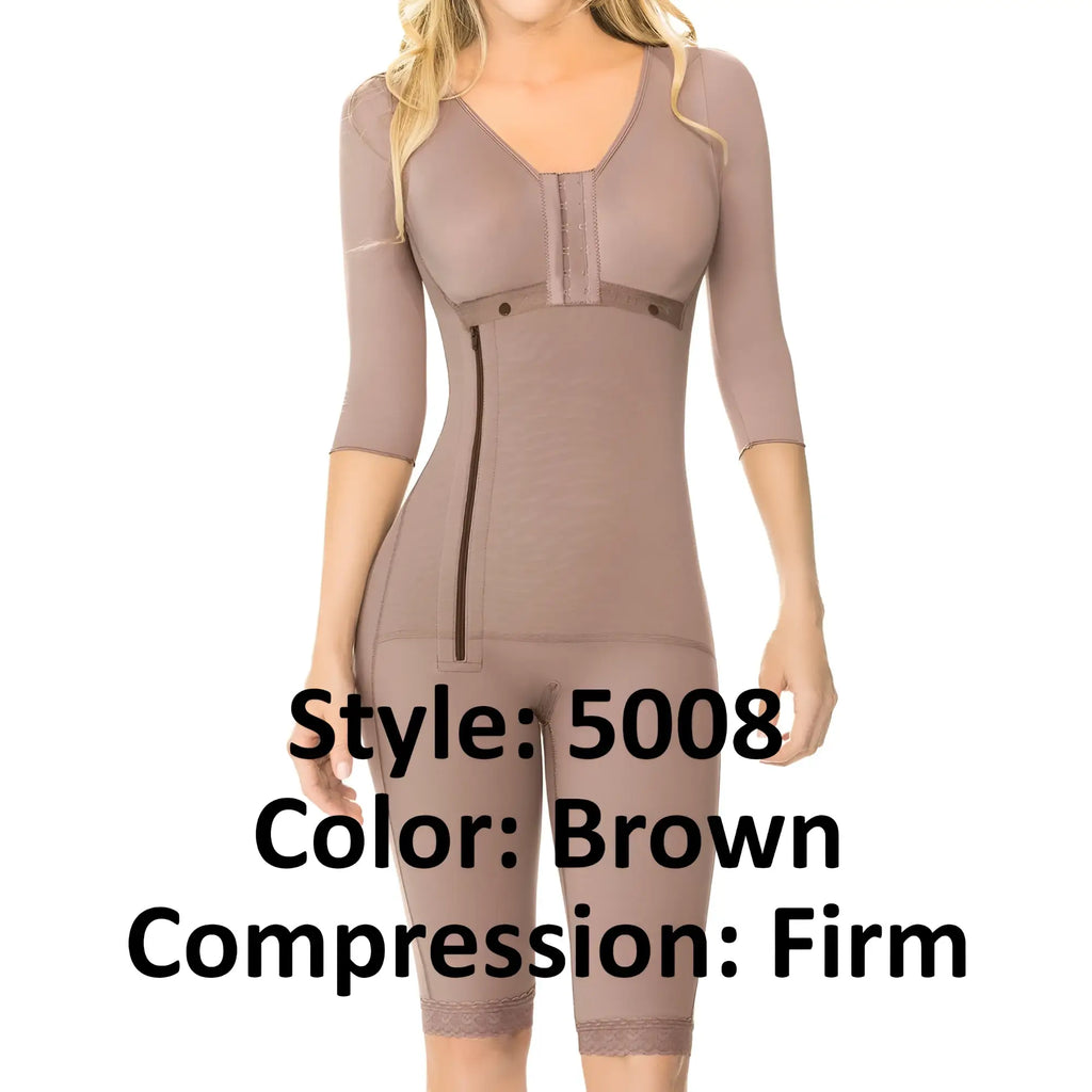 Brown firm compression bodysuit with three-quarter sleeves and lace trim at hem by ann chery in powernet material
