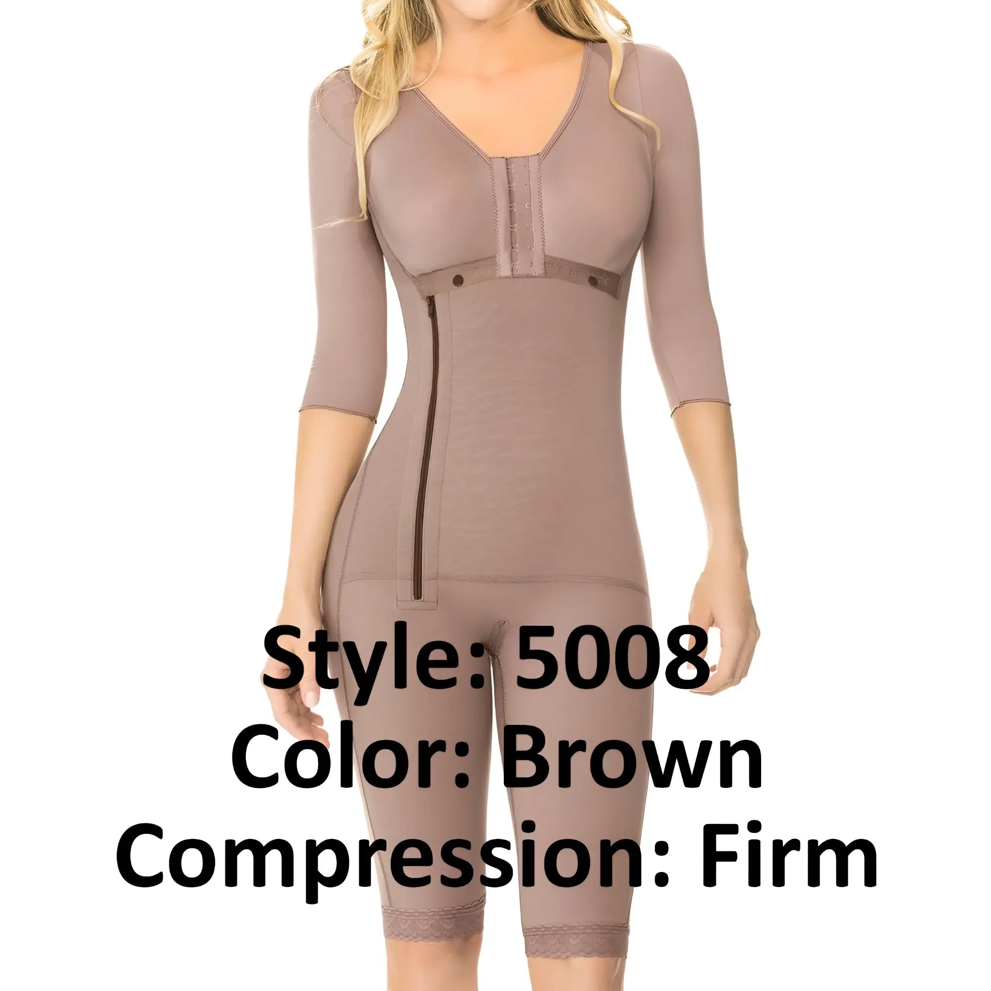 Brown firm compression bodysuit with three-quarter sleeves and lace trim at hem by ann chery in powernet material