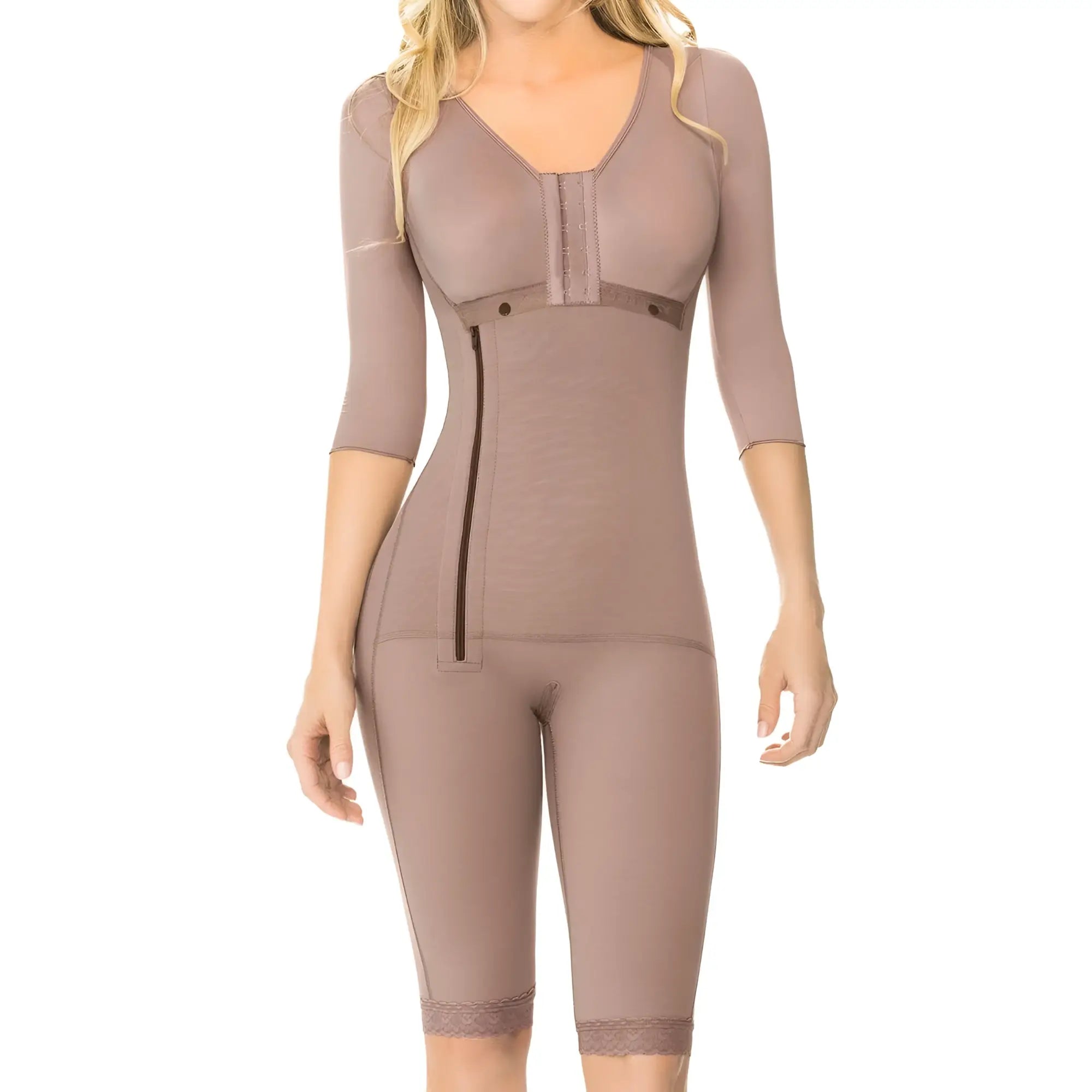 Ann chery 5008 powernet renata shapewear in taupe brown with form-fitting body, three-quarter sleeves, and lace trim hem