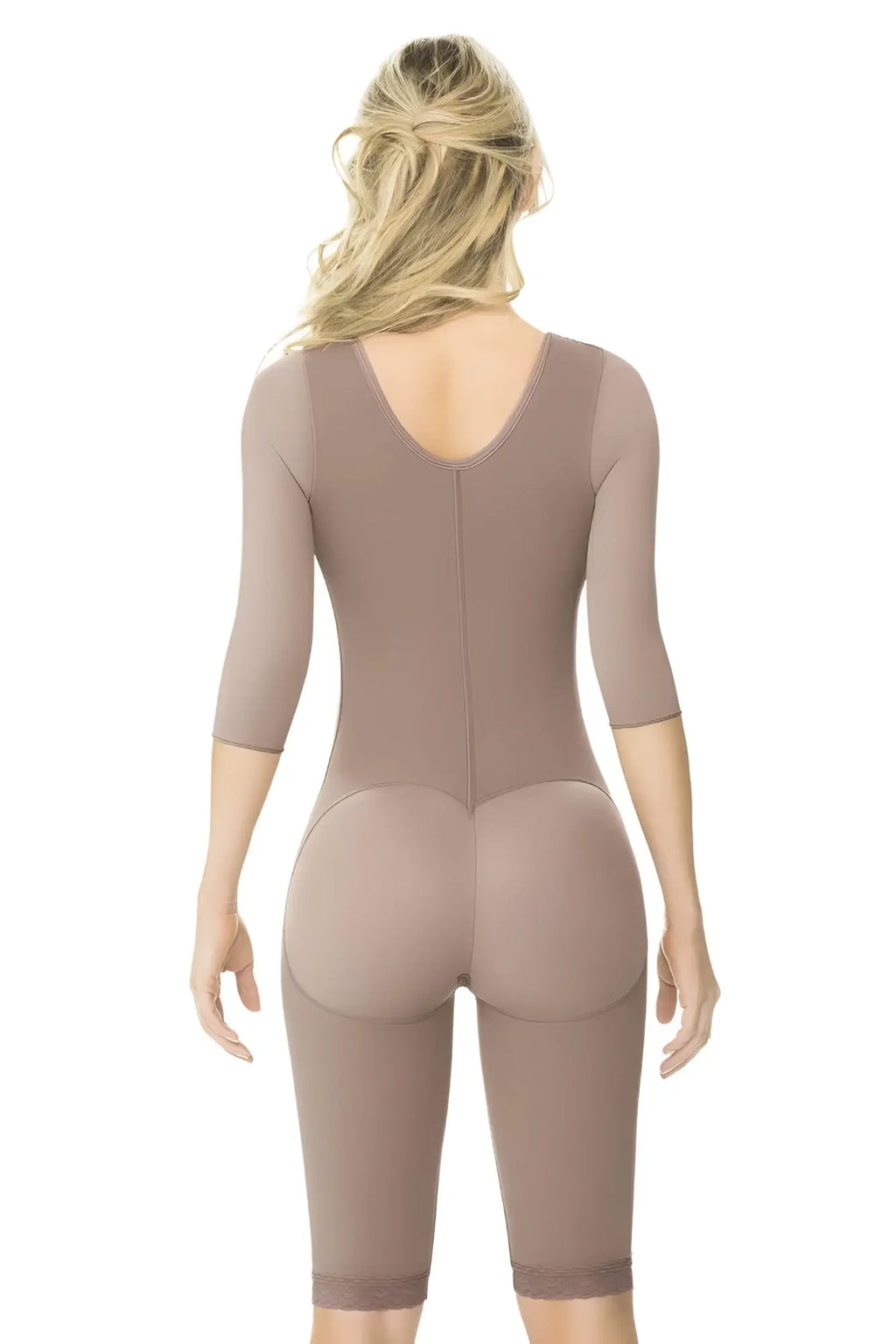 Ann Chery 5008 powernet Renata shapewear in brown taupe with three-quarter sleeves and back zipper shown from the back
