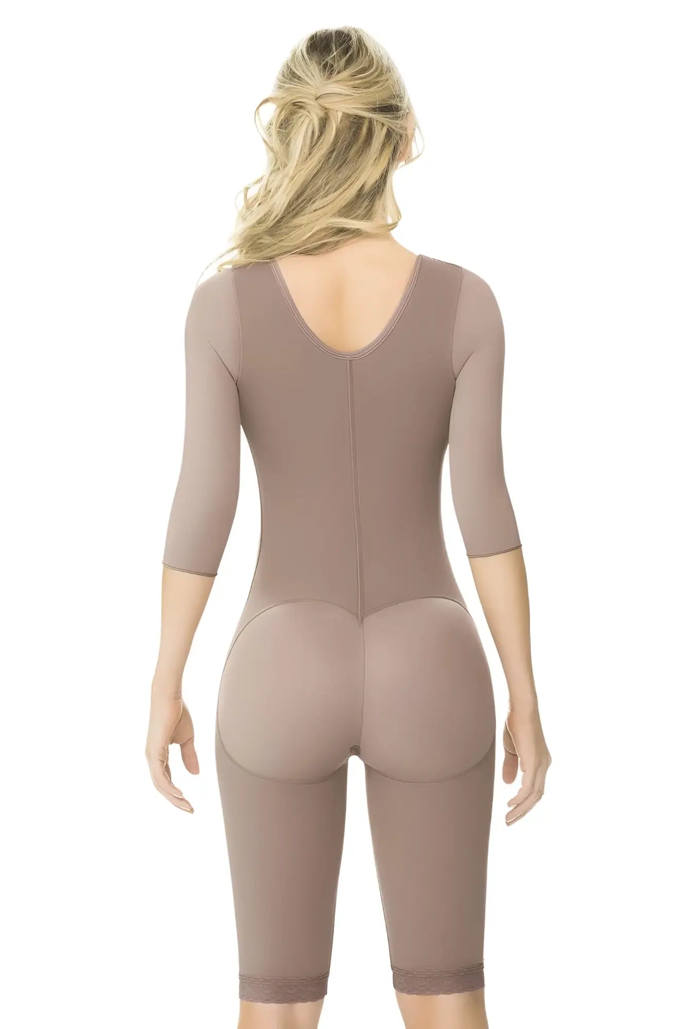 Ann Chery 5008 powernet Renata shapewear in brown taupe with three-quarter sleeves and back zipper shown from the back