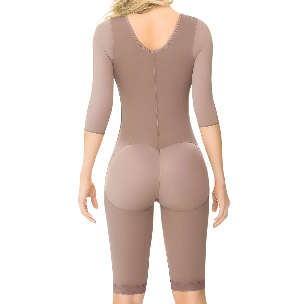 Ann Chery 5008 taupe form-fitting powernet body shaper with three-quarter sleeves and lace trim at hem