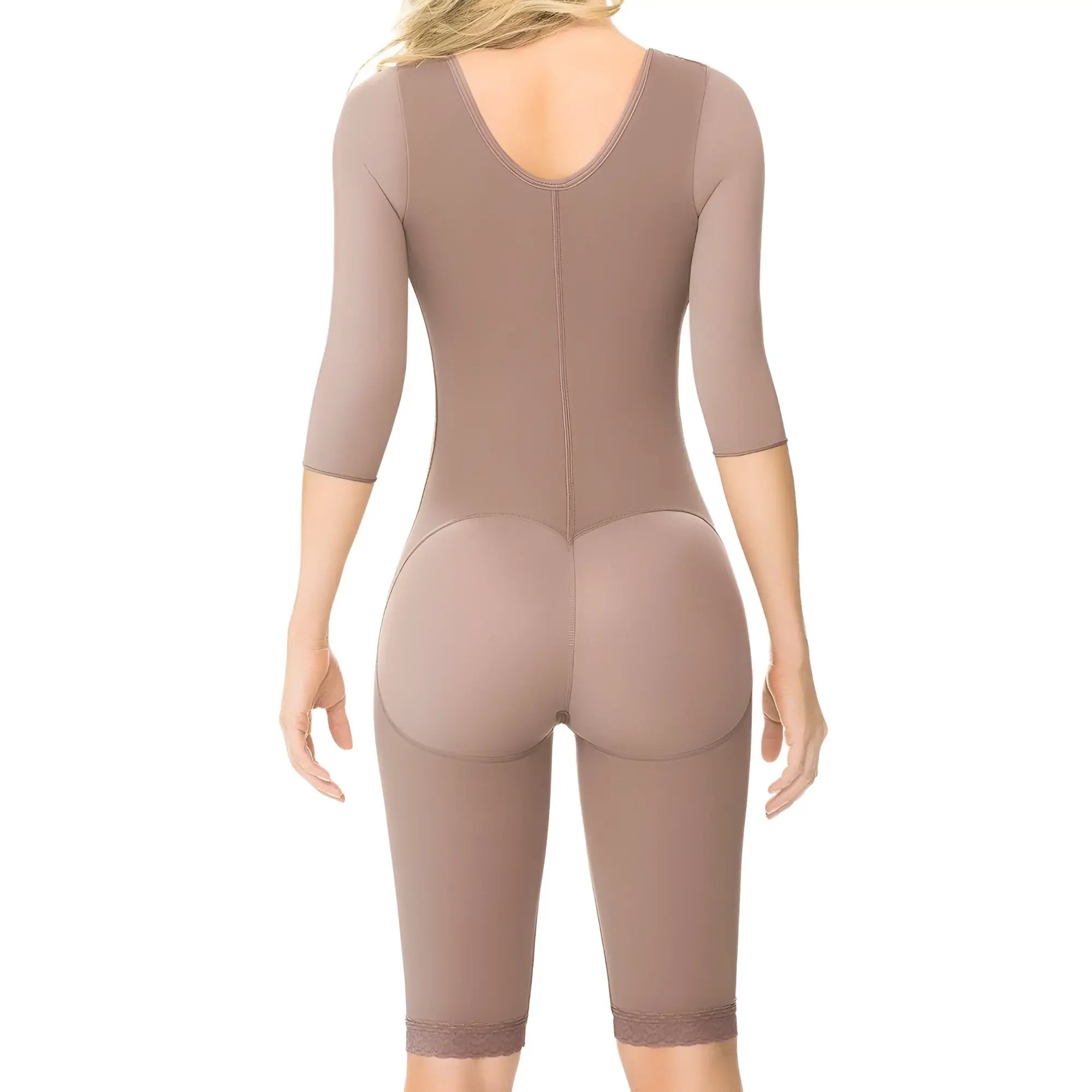 Ann Chery 5008 taupe form-fitting powernet body shaper with three-quarter sleeves and lace trim at hem