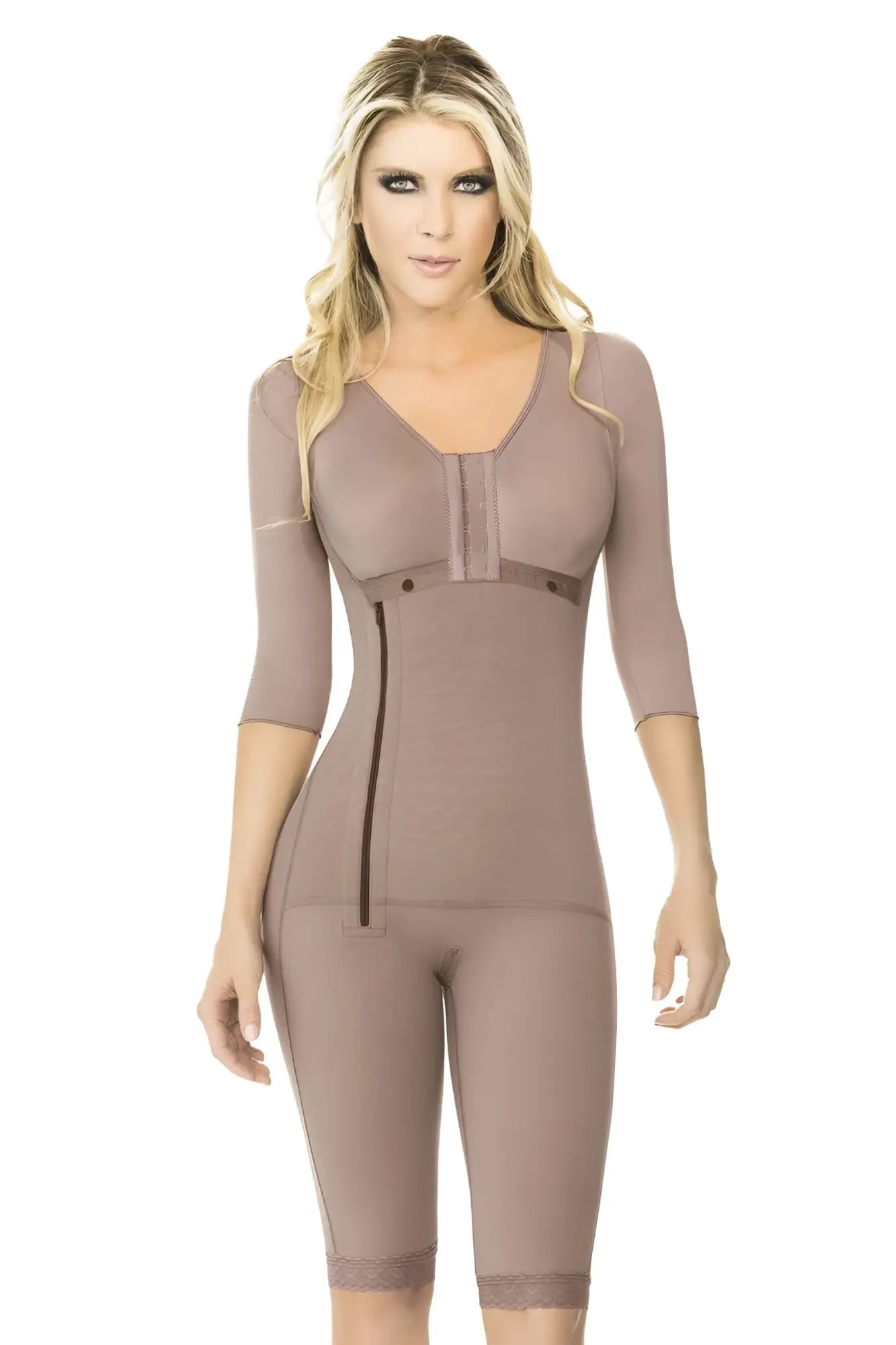 Ann chery 5008 powernet Renata shapewear brown taupe body shaper with three quarter sleeves and lace trim hem